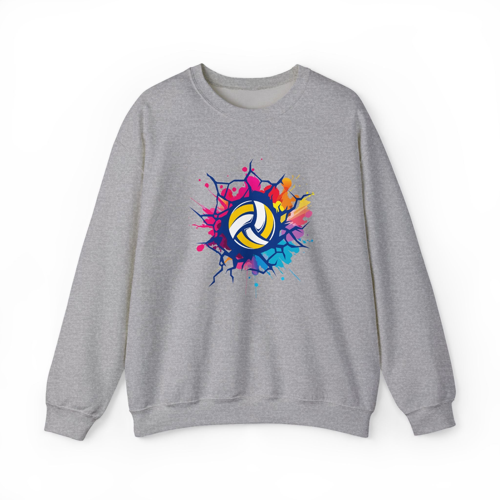 Gray sweatshirt with colorful volleyball design on a white background