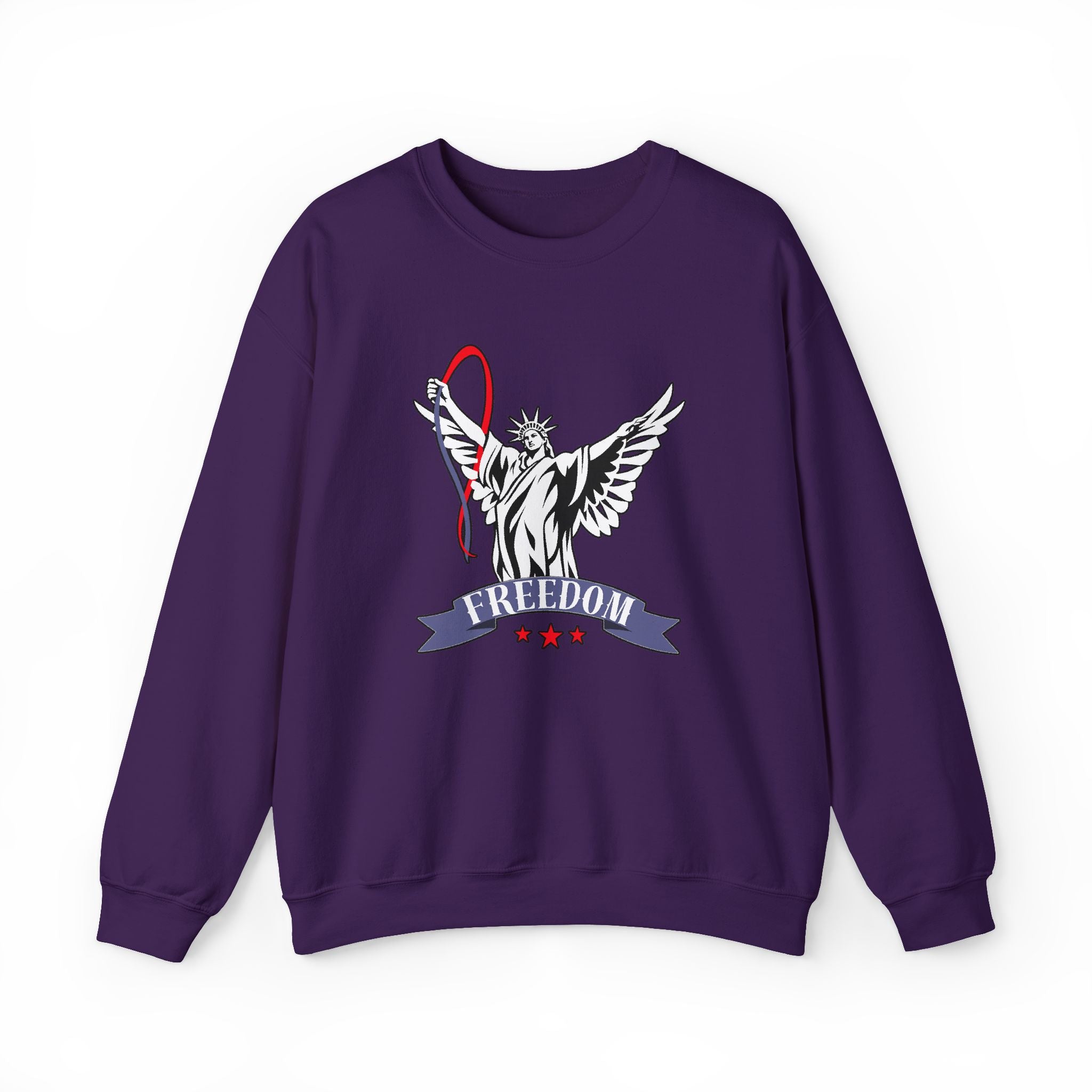 Purple sweatshirt with a graphic design of the Statue of Liberty and the word 'Freedom' on a white background.