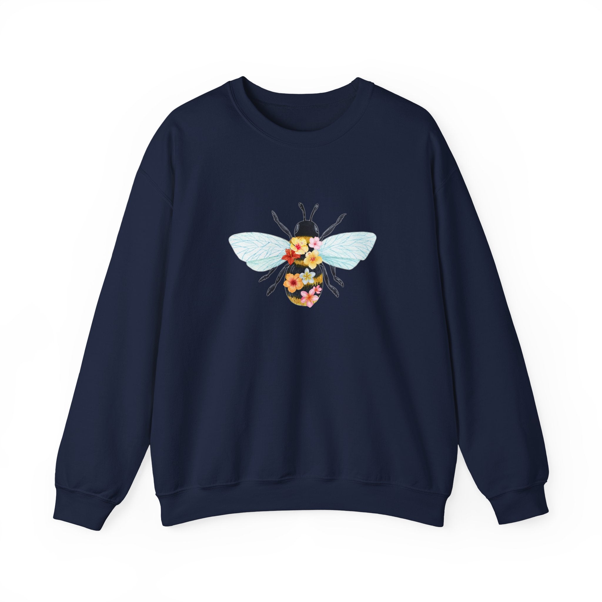 Navy blue sweatshirt with bee and flower pattern on a white background