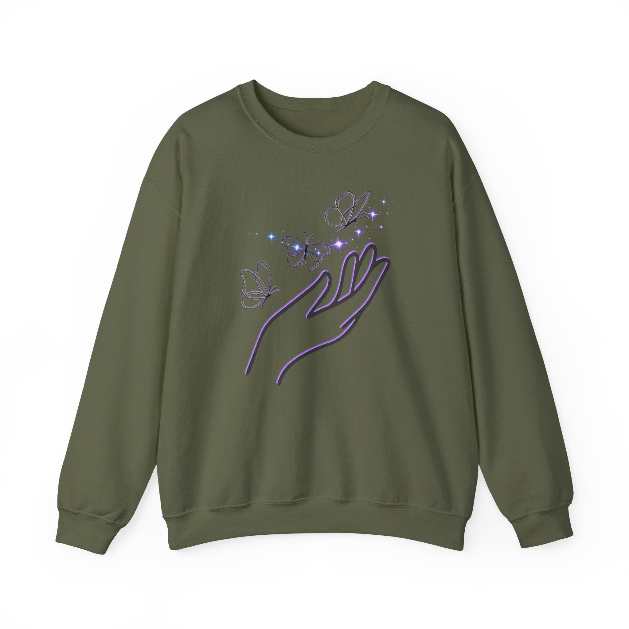 Green sweatshirt with a hand holding a butterfly design on a white background
