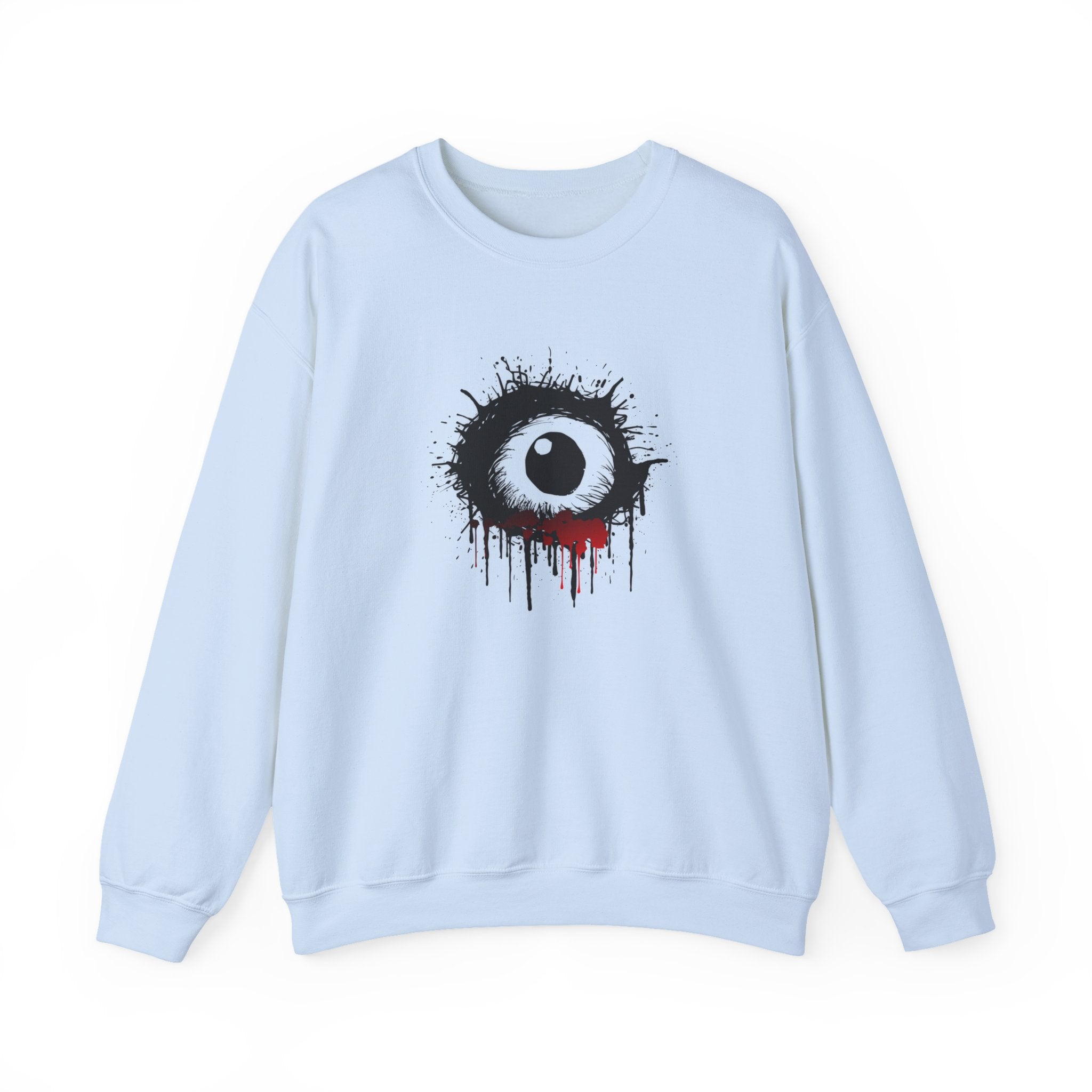 Light blue sweatshirt with a black and white eye design on a white background