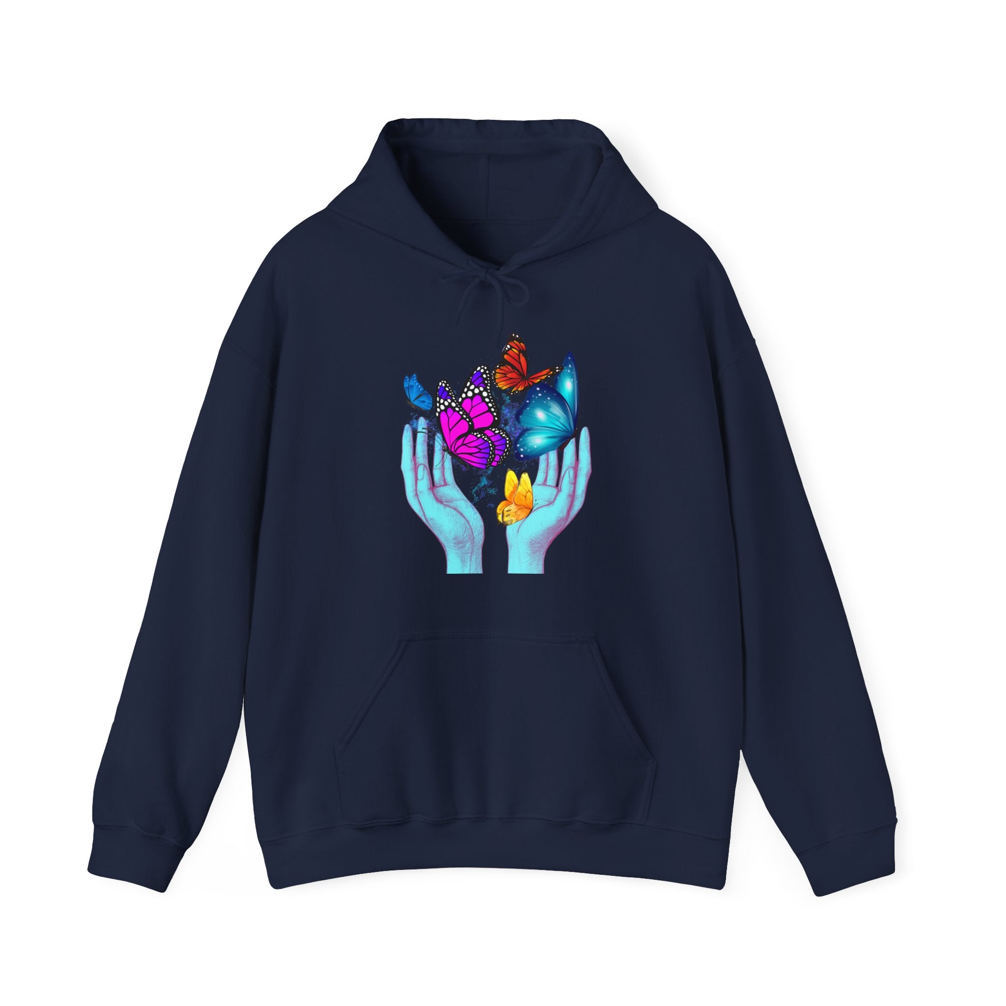 Navy blue hoodie with a butterfly and hand design on a white background