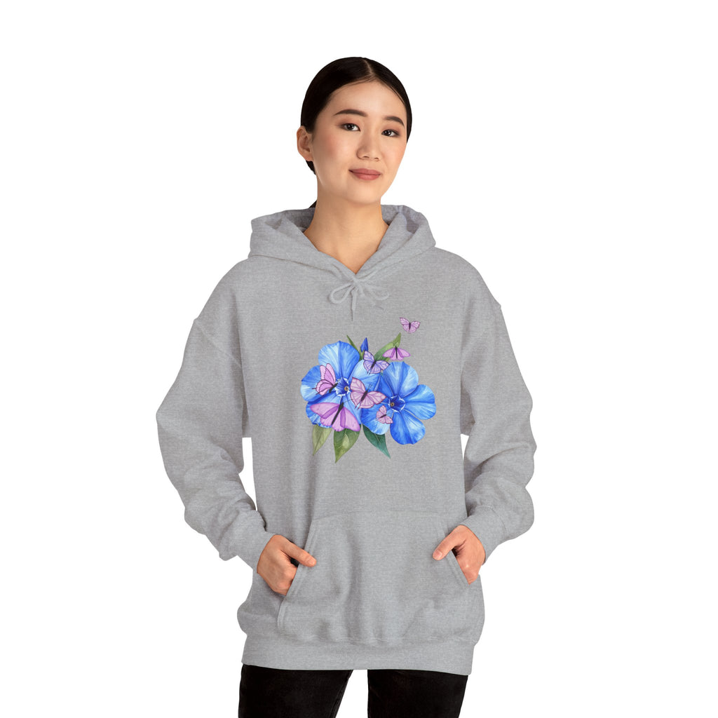 Person wearing a gray hoodie with floral design on a white background
