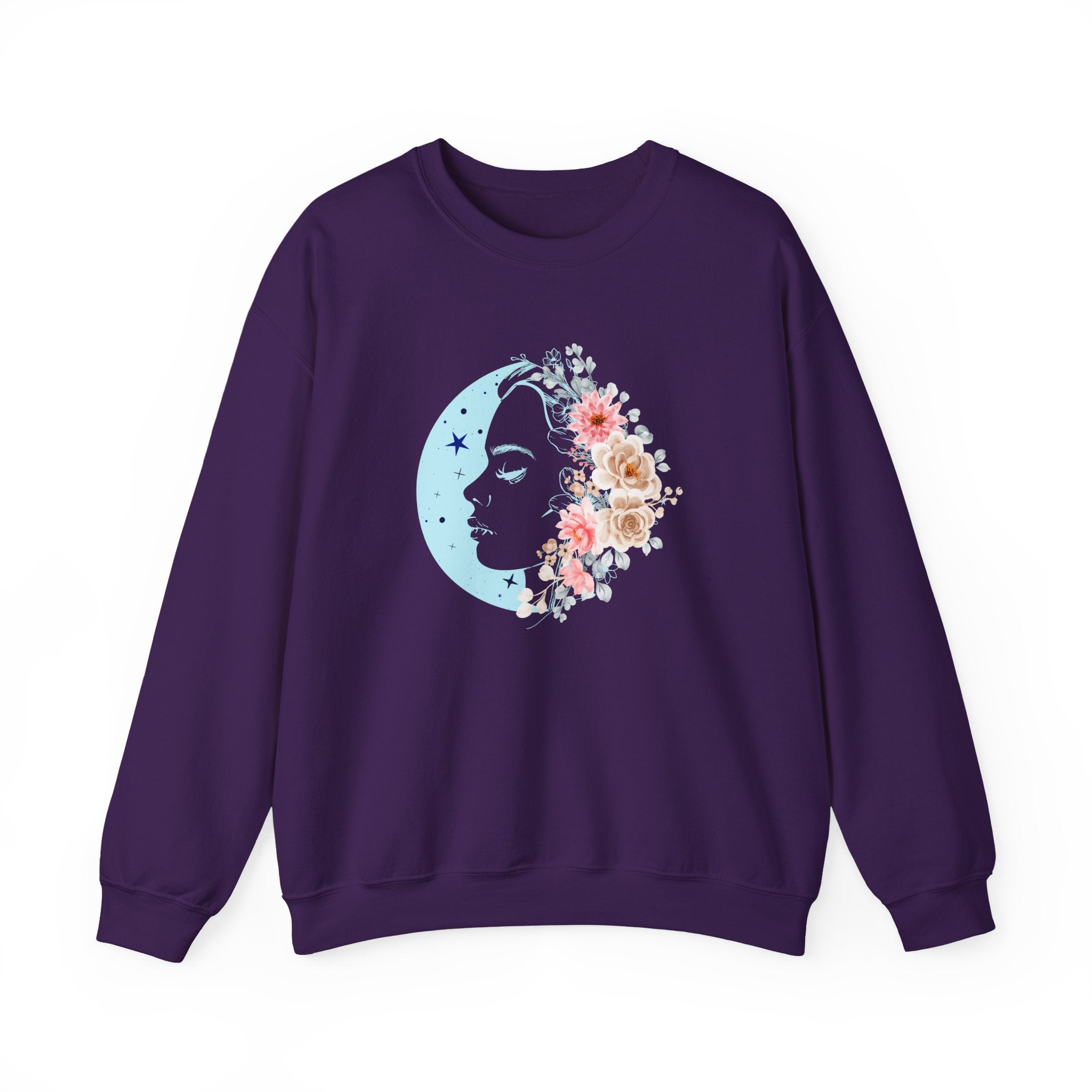 Purple sweatshirt with a floral moon design on a white background