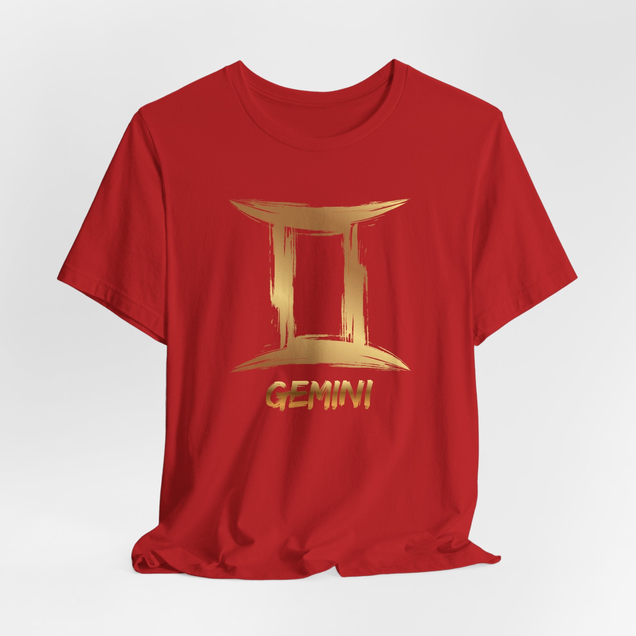 Red t-shirt with gold Gemini logo on a white background