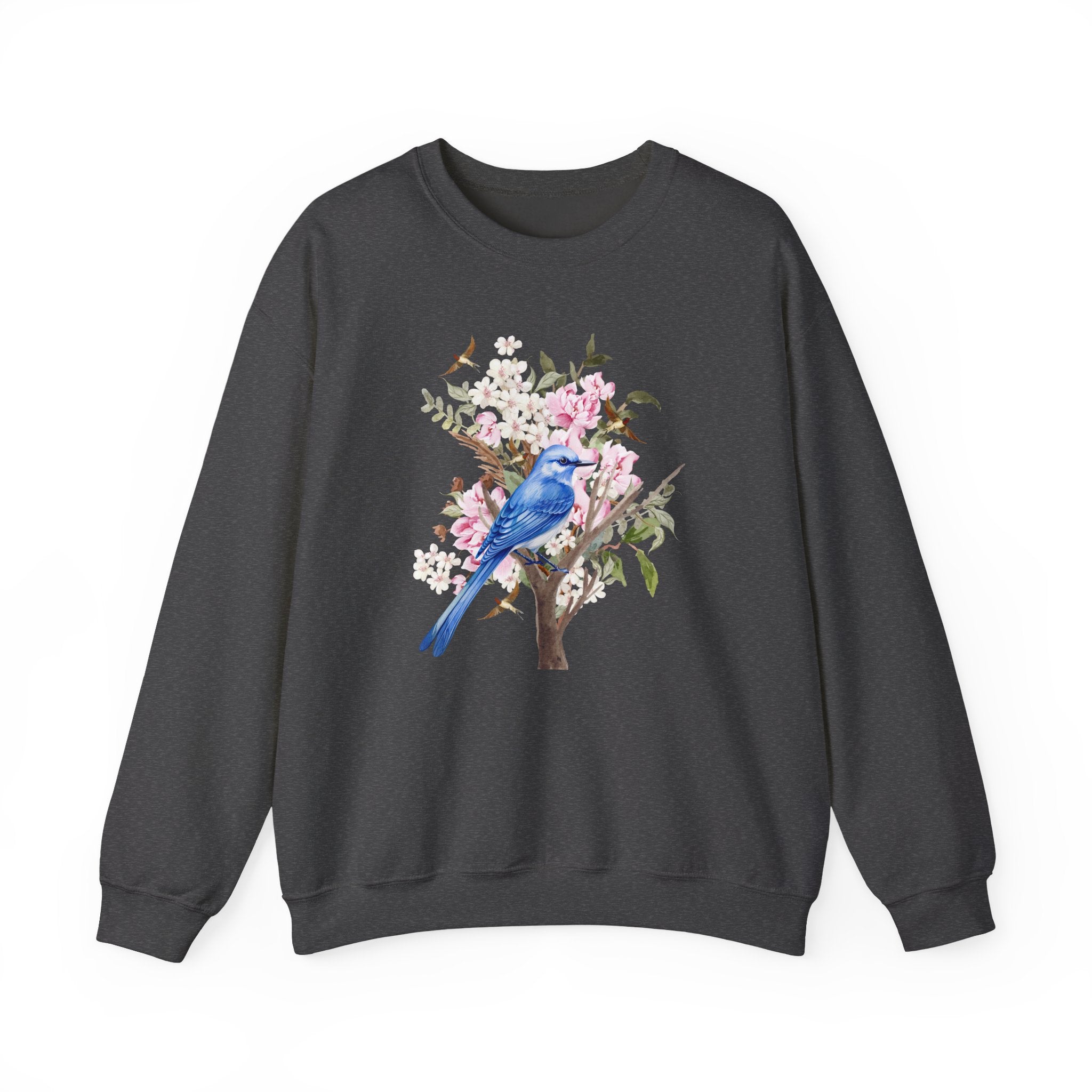Dark gray sweatshirt with a blue bird and floral design on a white background