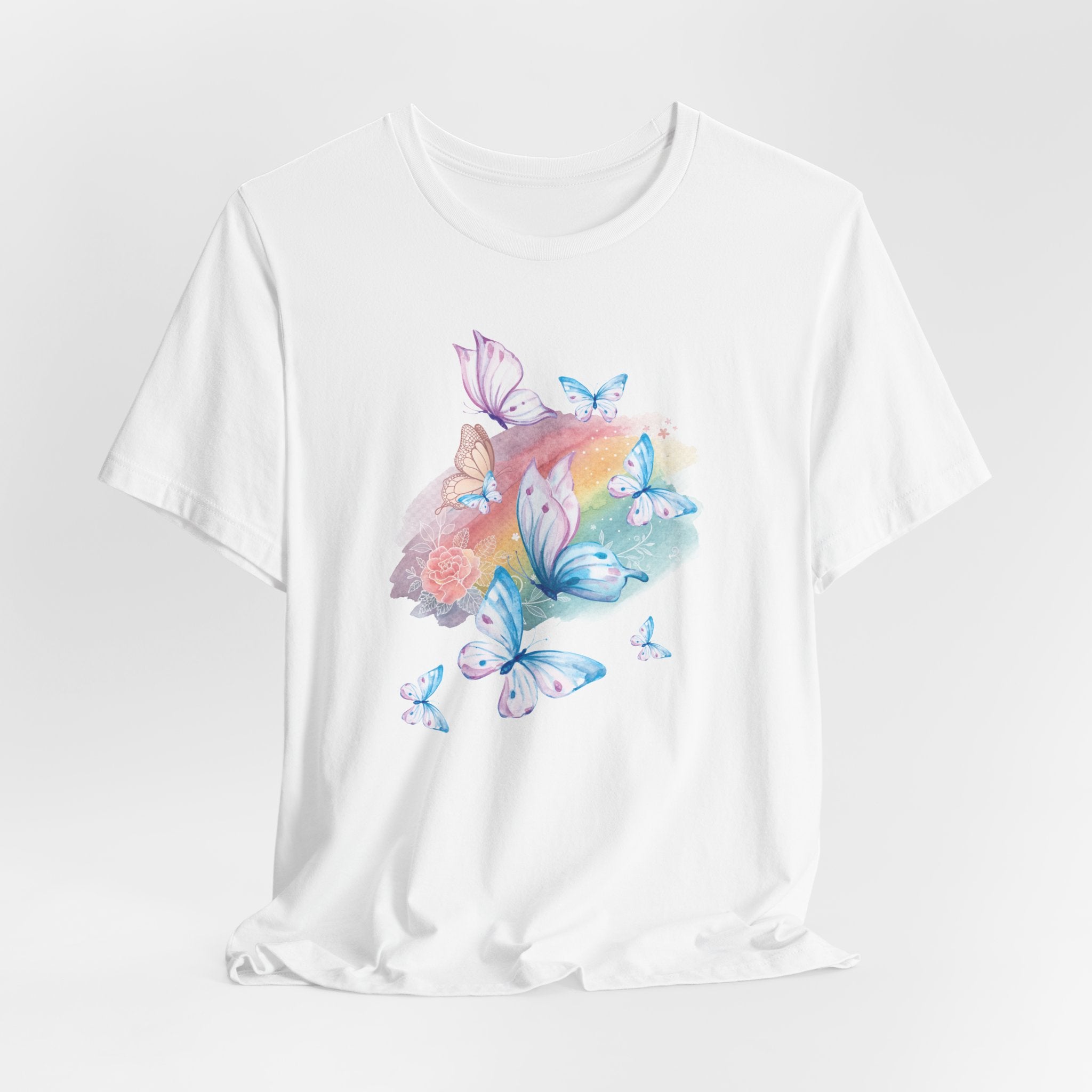 White t-shirt with colorful butterfly design on a white background