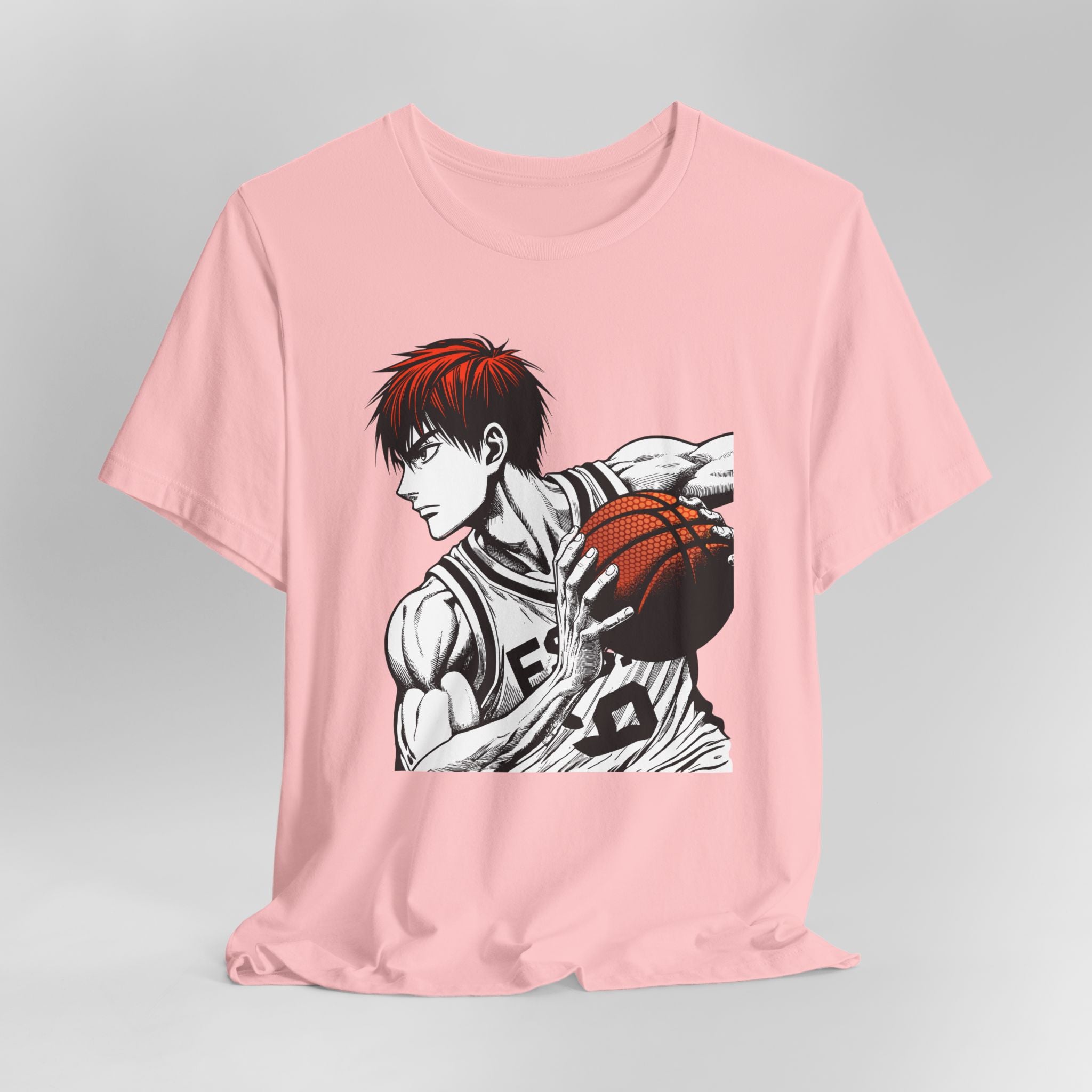 Pink t-shirt with a graphic of a basketball player on a gray background