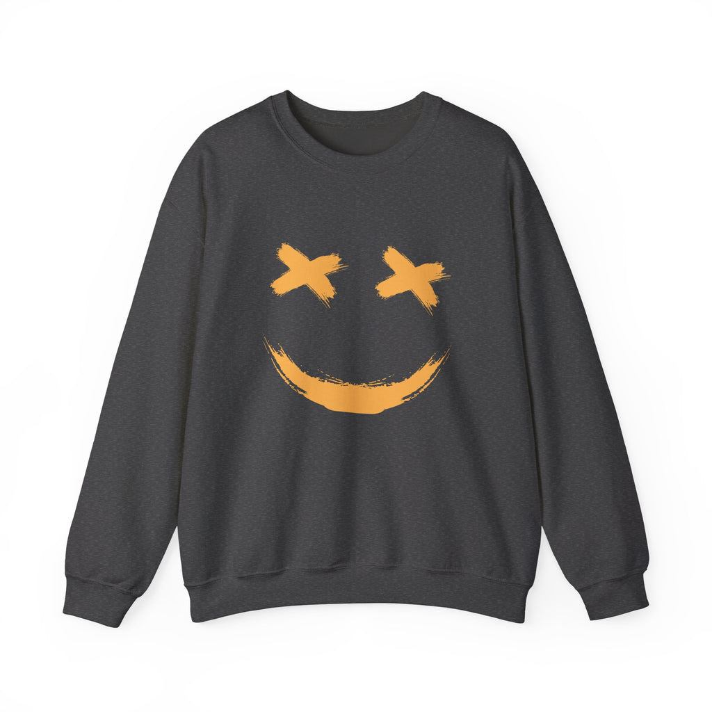 Dark gray sweatshirt with a yellow smiley face design on a white background