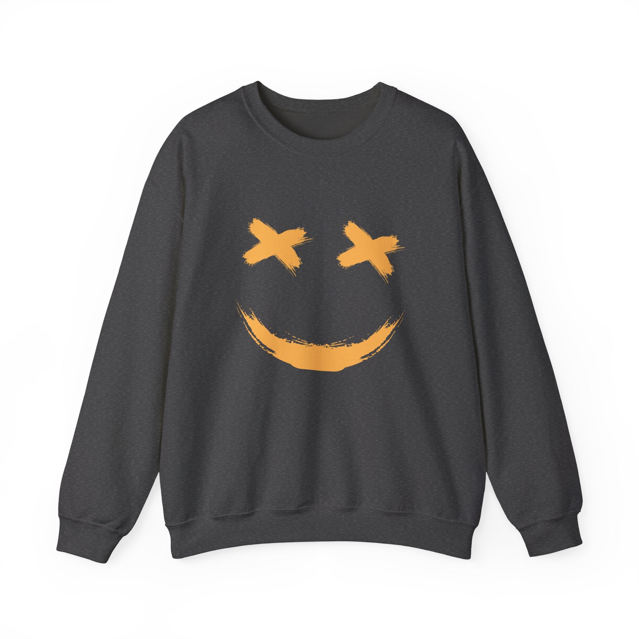 Dark gray sweatshirt with a yellow smiley face design on a white background