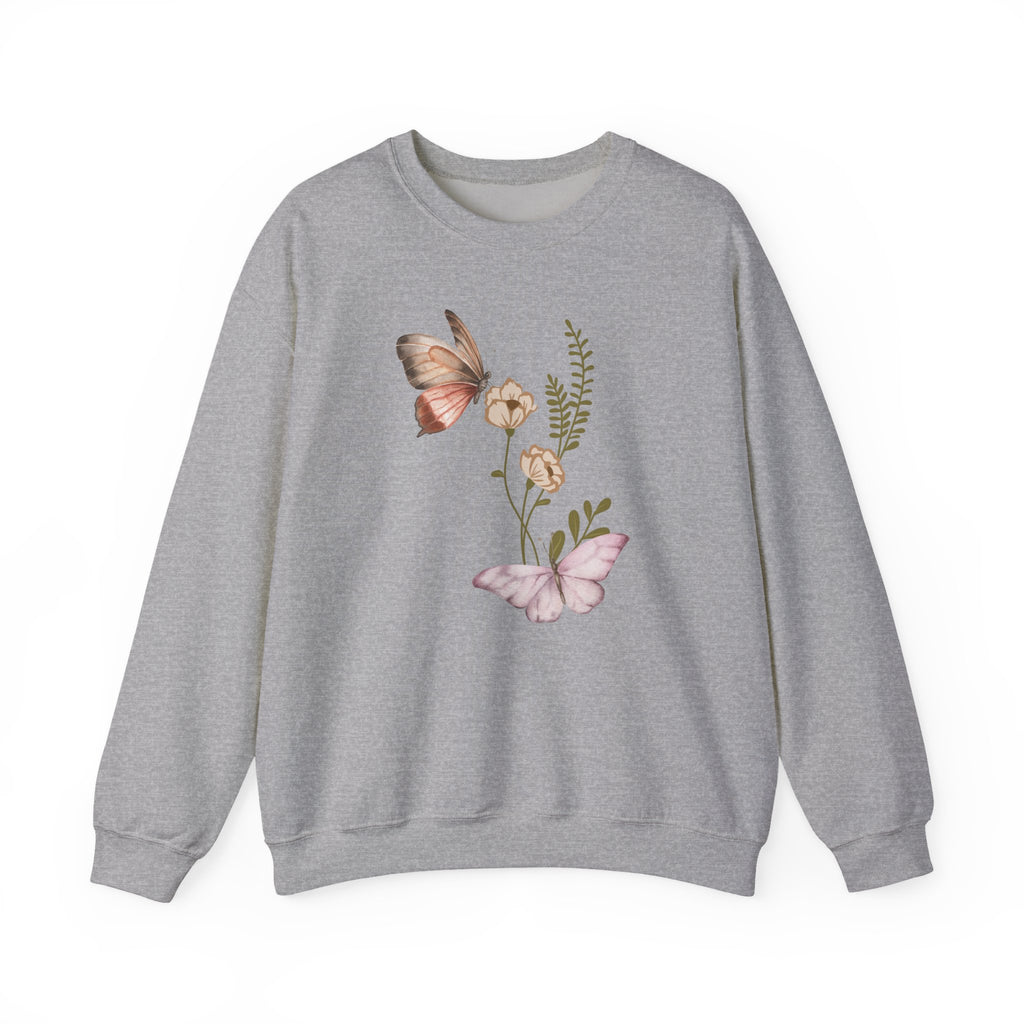 Gray sweatshirt with butterfly and floral design on a white background