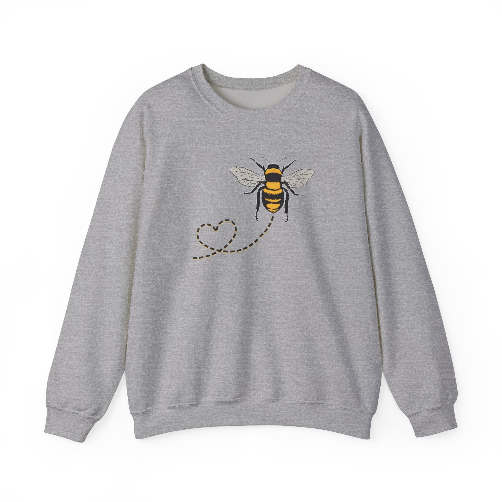 Gray sweatshirt with a bee and dotted heart design on a white background