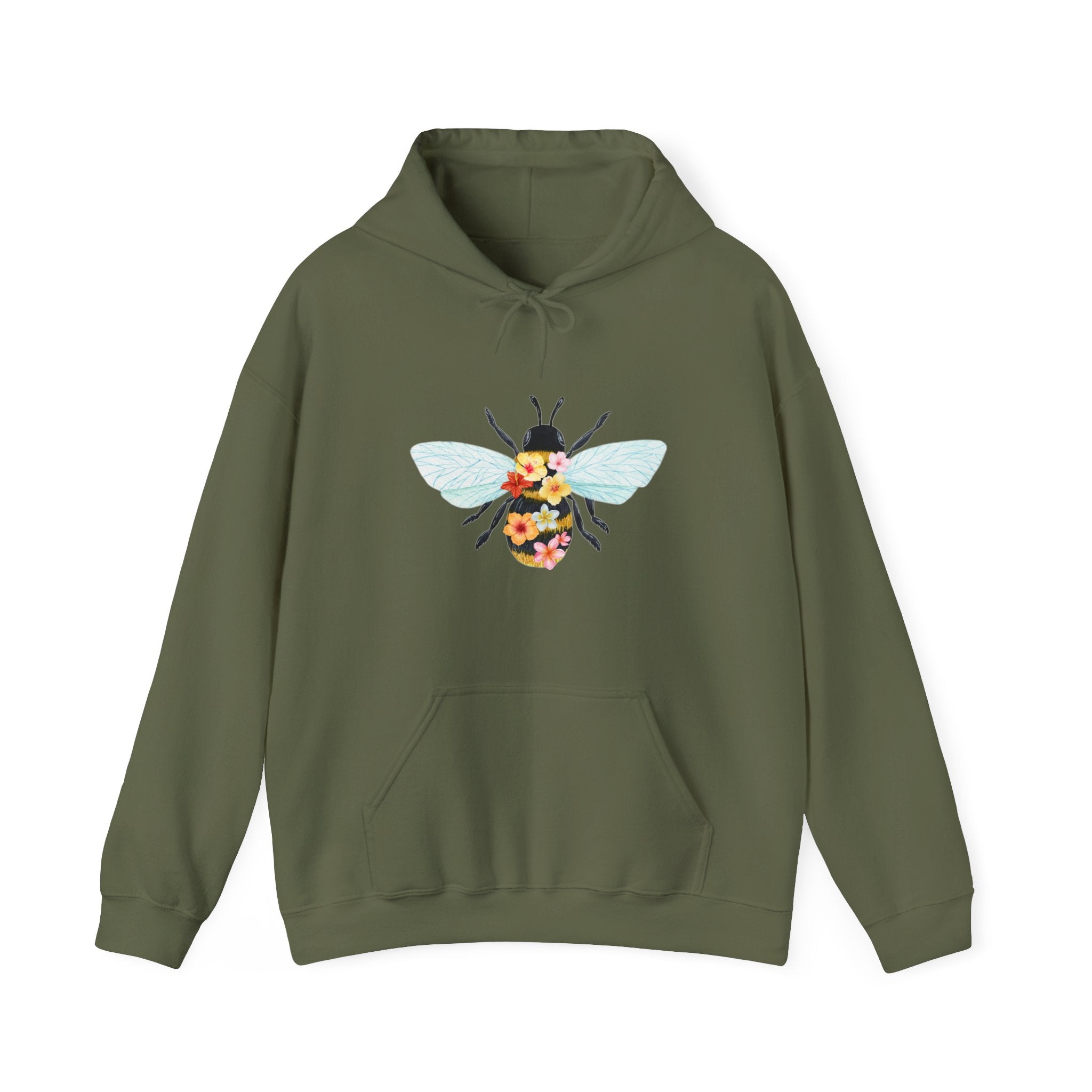 Military green hoodie with floral and bee design on a white background