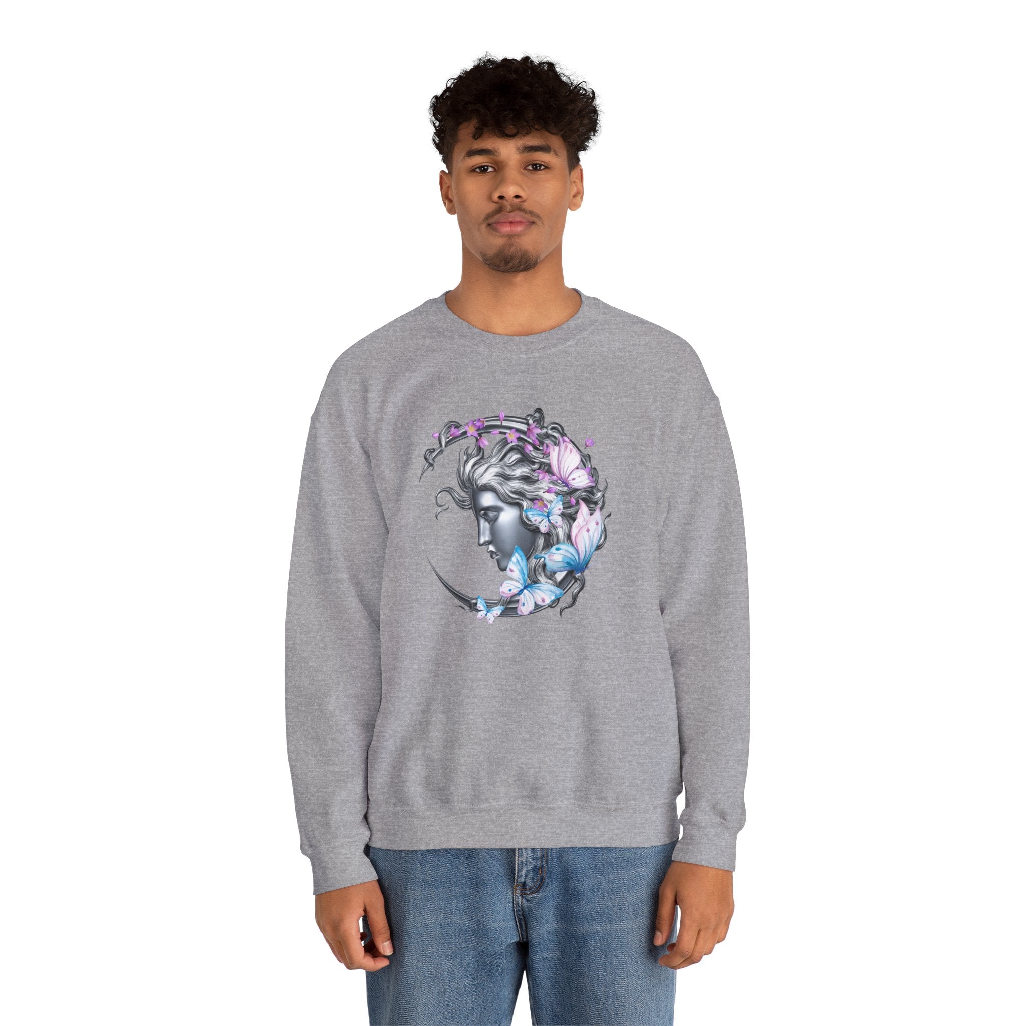 Person wearing a gray sweatshirt with a graphic design of a woman's face surrounded by butterflies on a white background