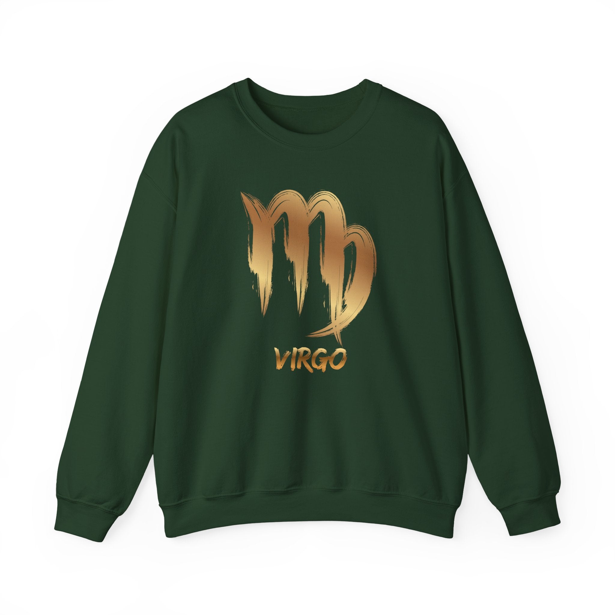 Green sweatshirt with gold Virgo zodiac design on a white background