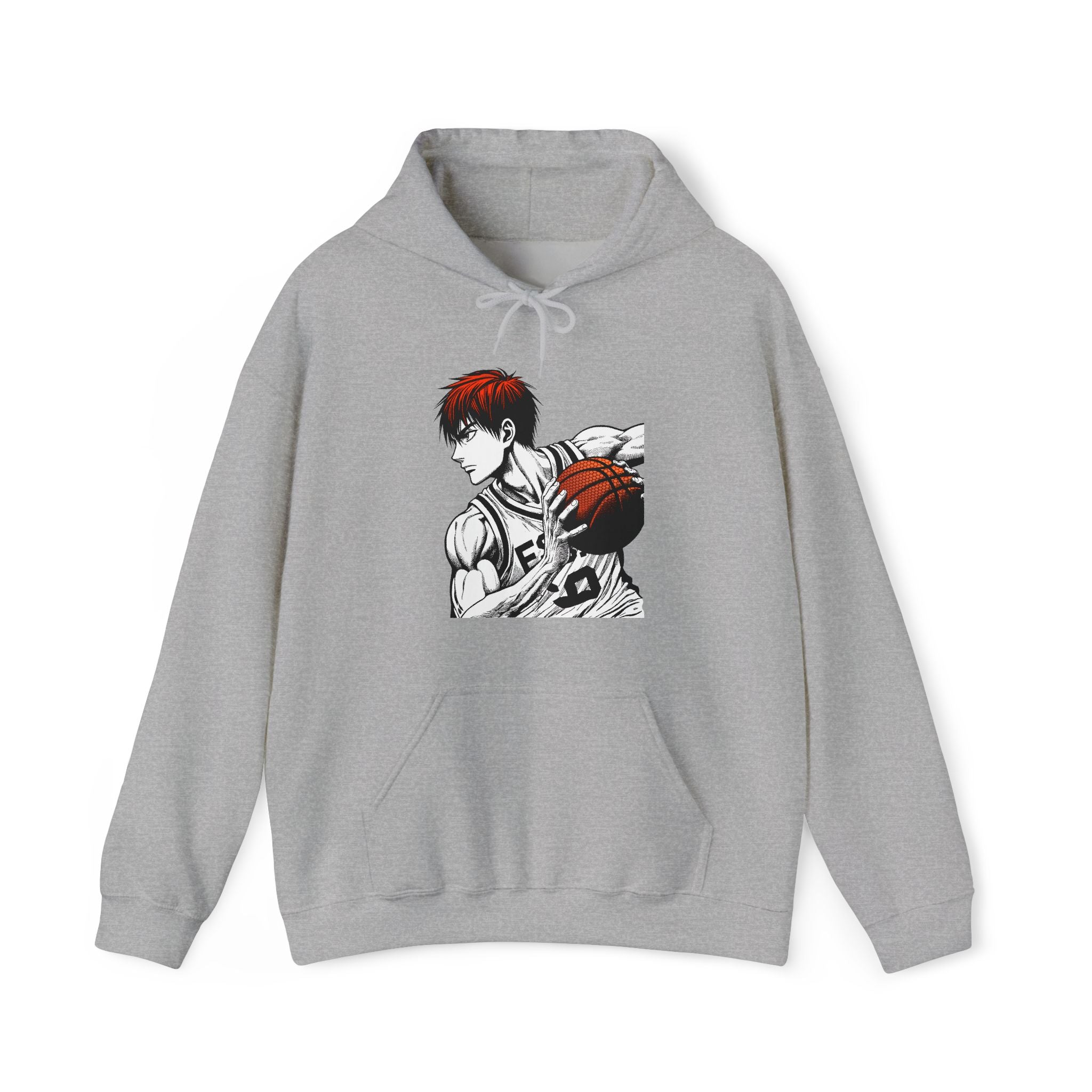 Gray hoodie with an anime character holding a basketball on a white background