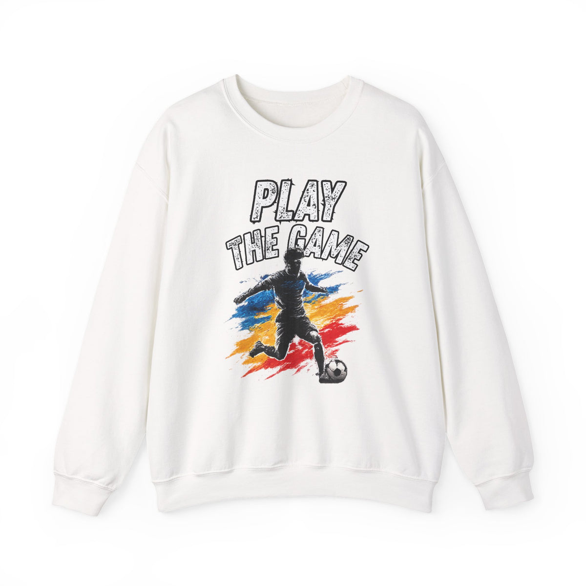 An off-white crewneck sweatshirt featuring a graphic print of a soccer player with the text 'PLAY THE GAME' and colorful paint strokes in blue, yellow, and red.