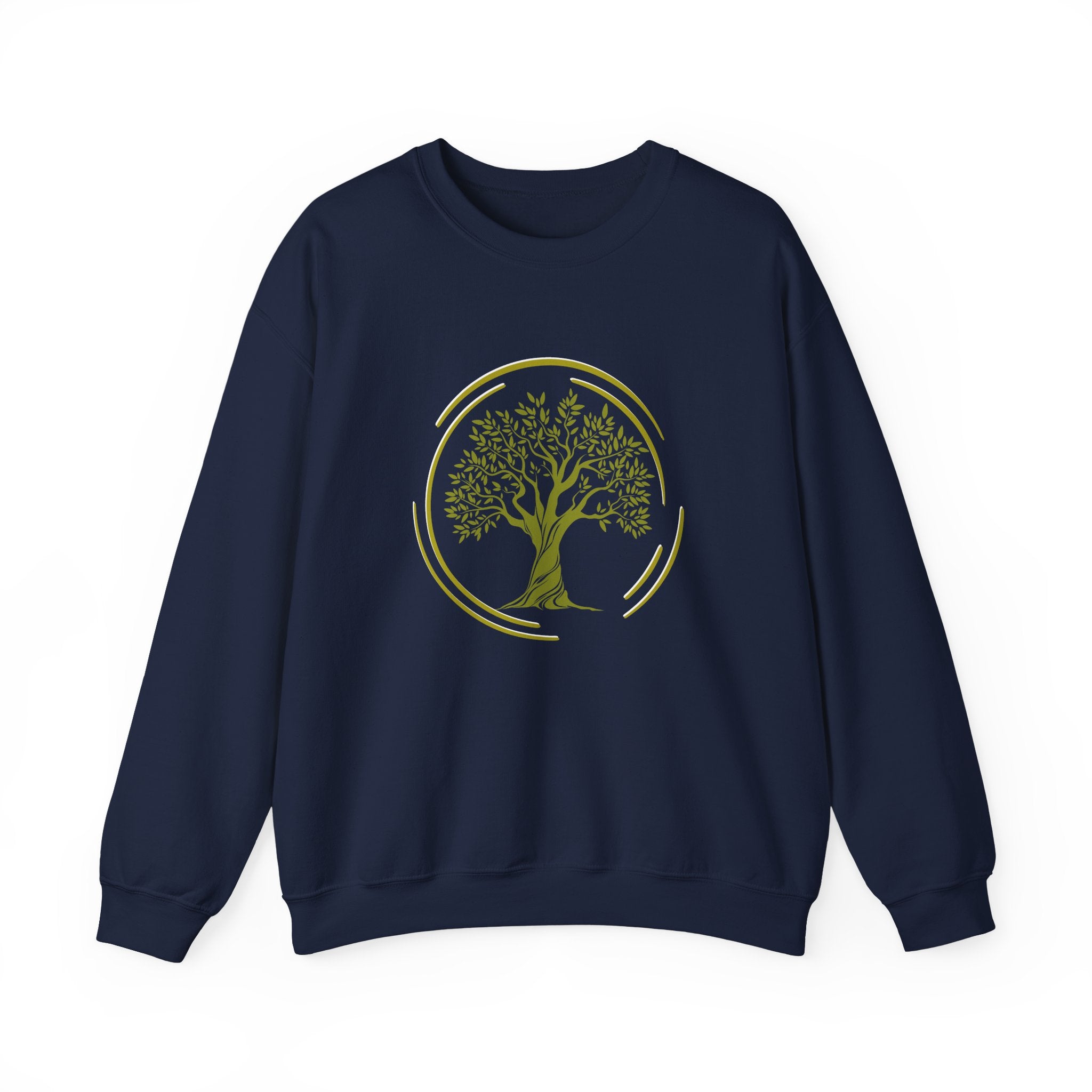 Navy blue sweatshirt with a gold tree design on a white background