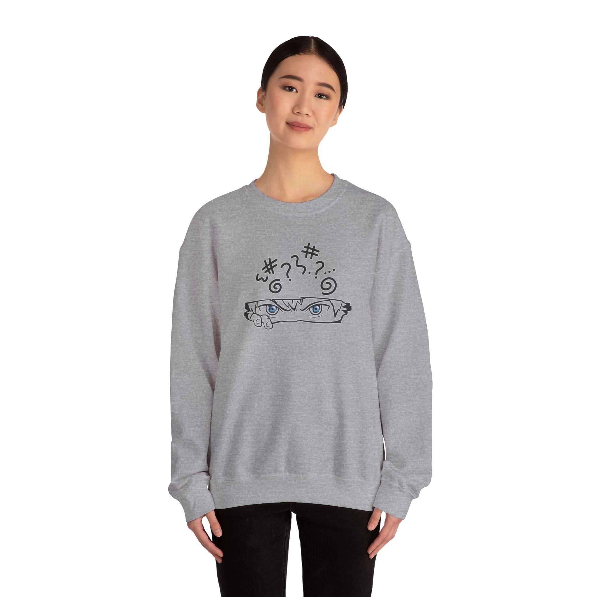 Gray sweatshirt with black anime graphic design on a white background