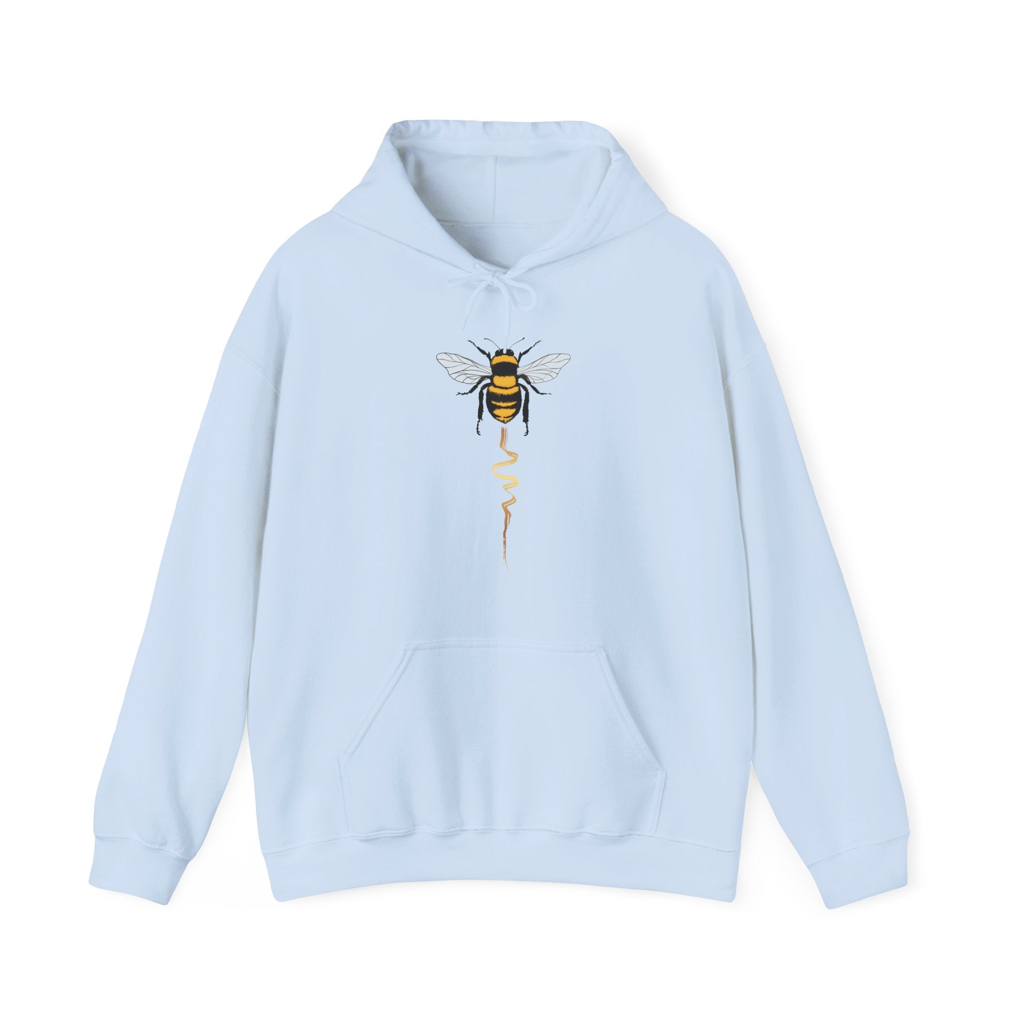 Light blue hoodie with a bee design on a white background