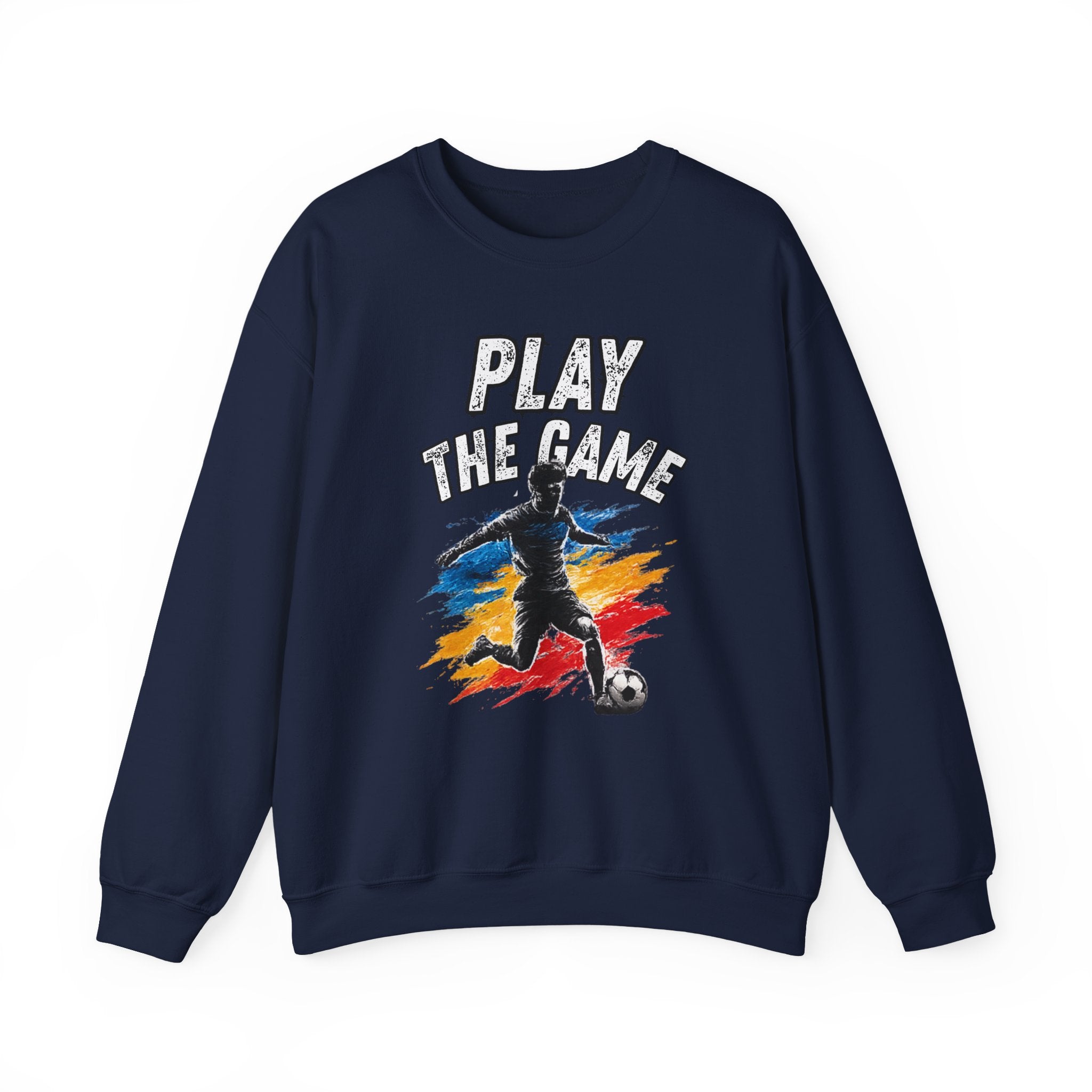 Navy blue sweatshirt featuring a graphic print of a soccer player kicking a ball with the text 'PLAY THE GAME' in white, set against a plain white background.