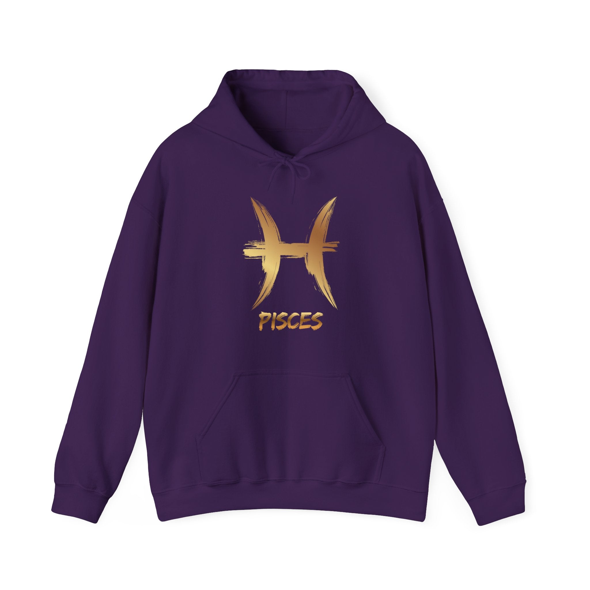 Purple hoodie with gold Pisces symbol and text on a white background