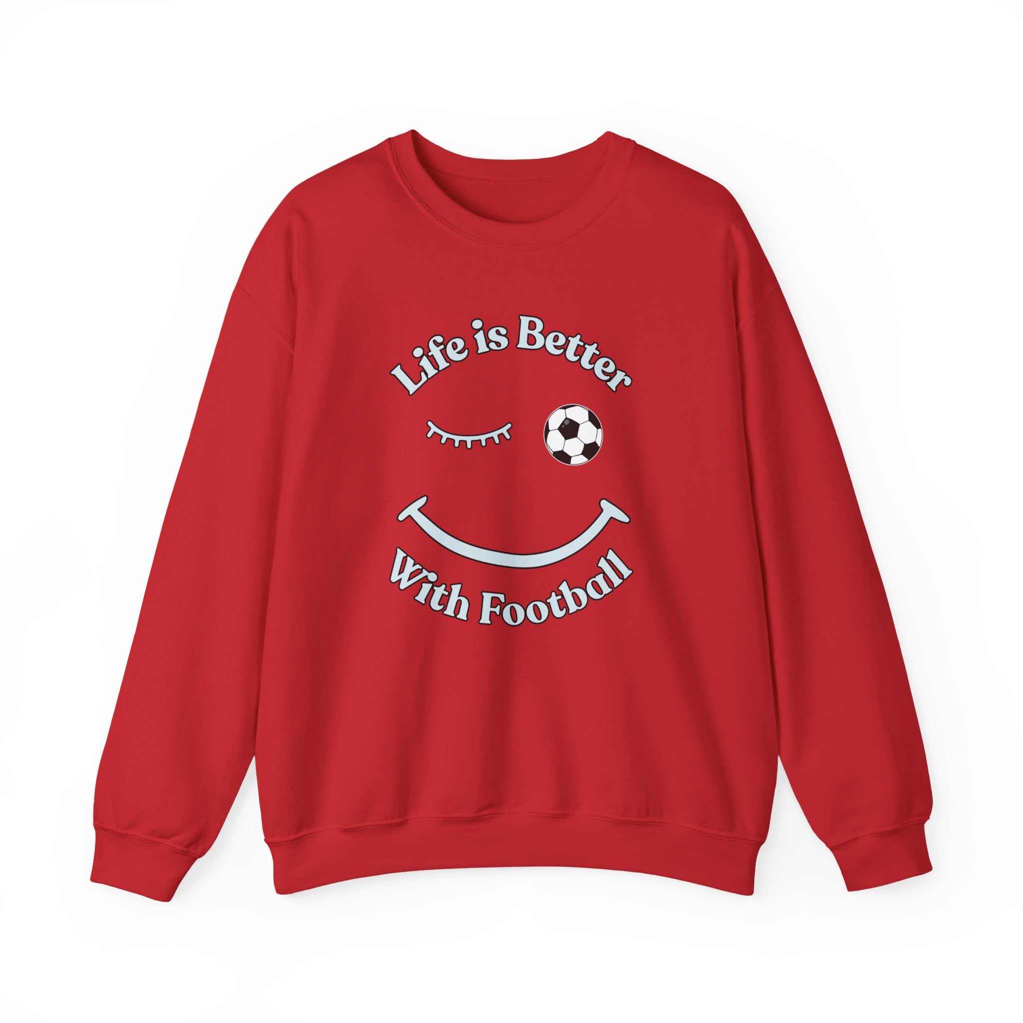 Red sweatshirt with 'Life is Better With Football' text and smiley face design on a white background