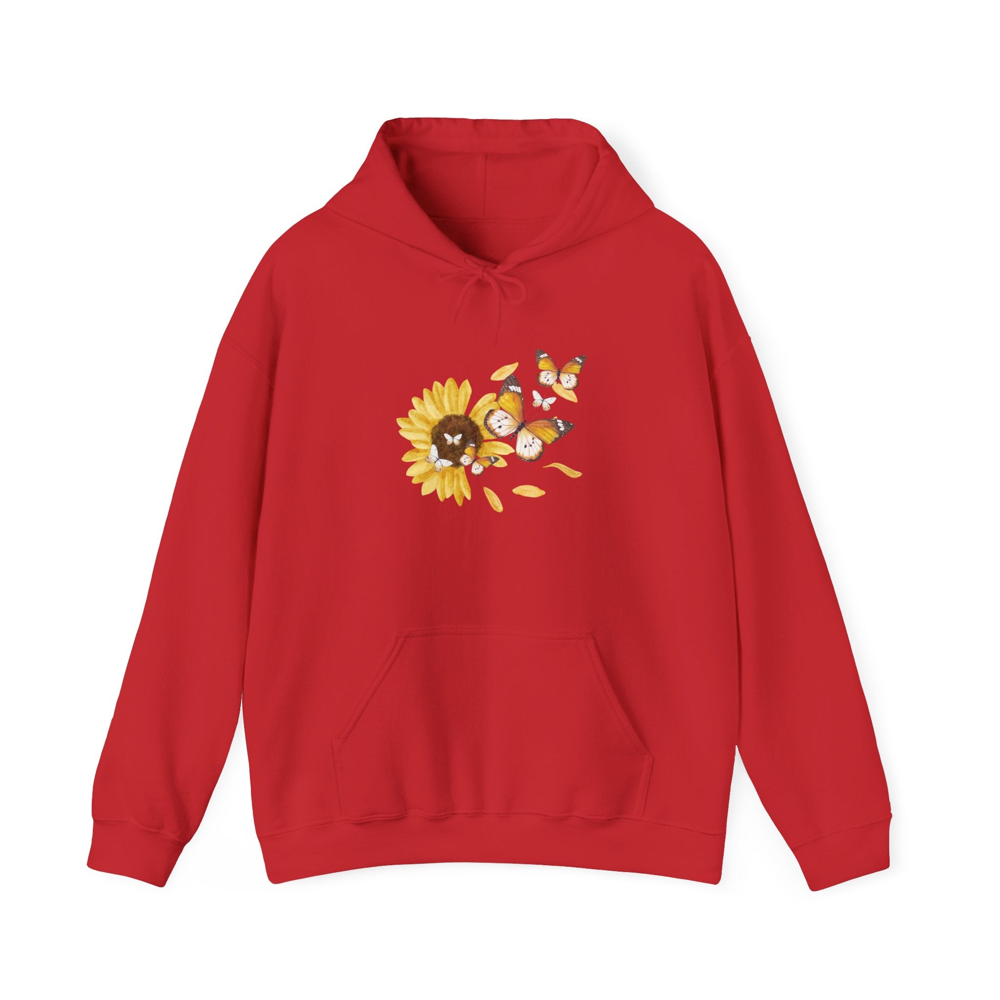 Red hoodie with a sunflower and bee design on a white background