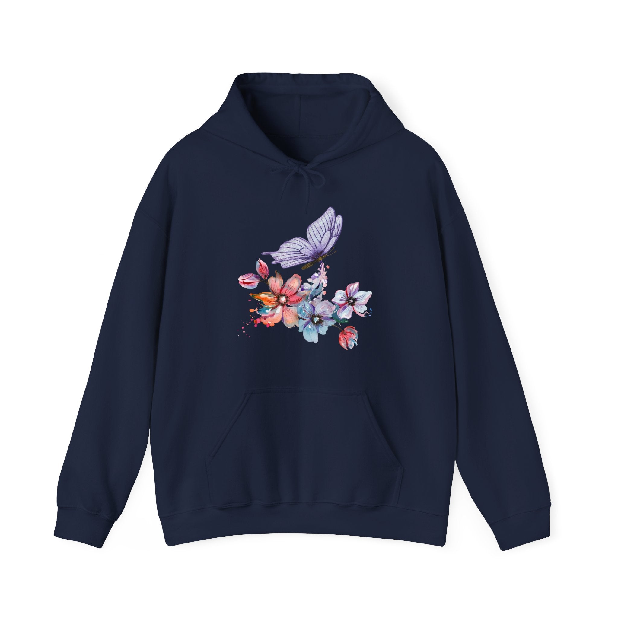 Navy blue hoodie with colorful butterfly and flower design on a white background