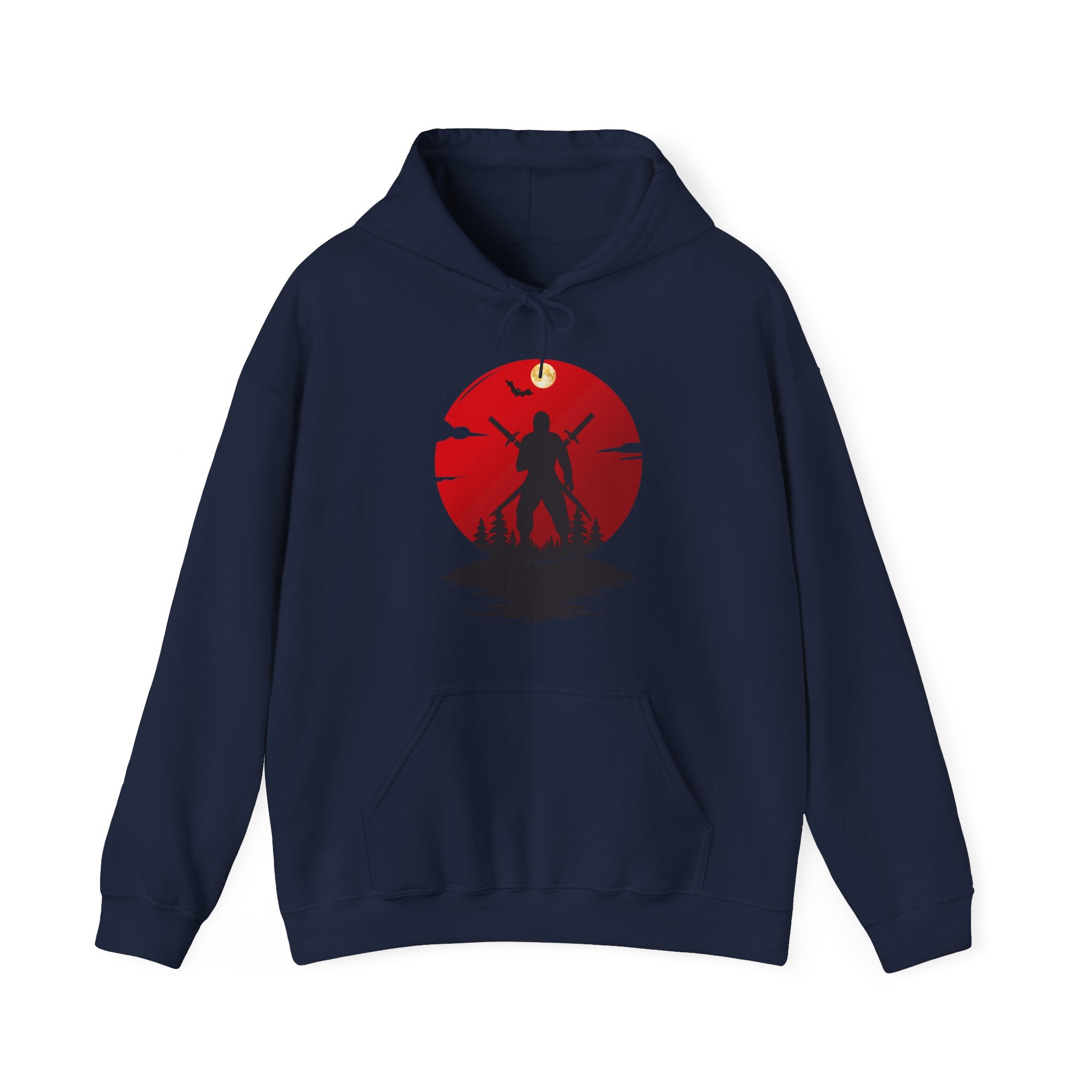 Navy blue hoodie with a red label on a white background
