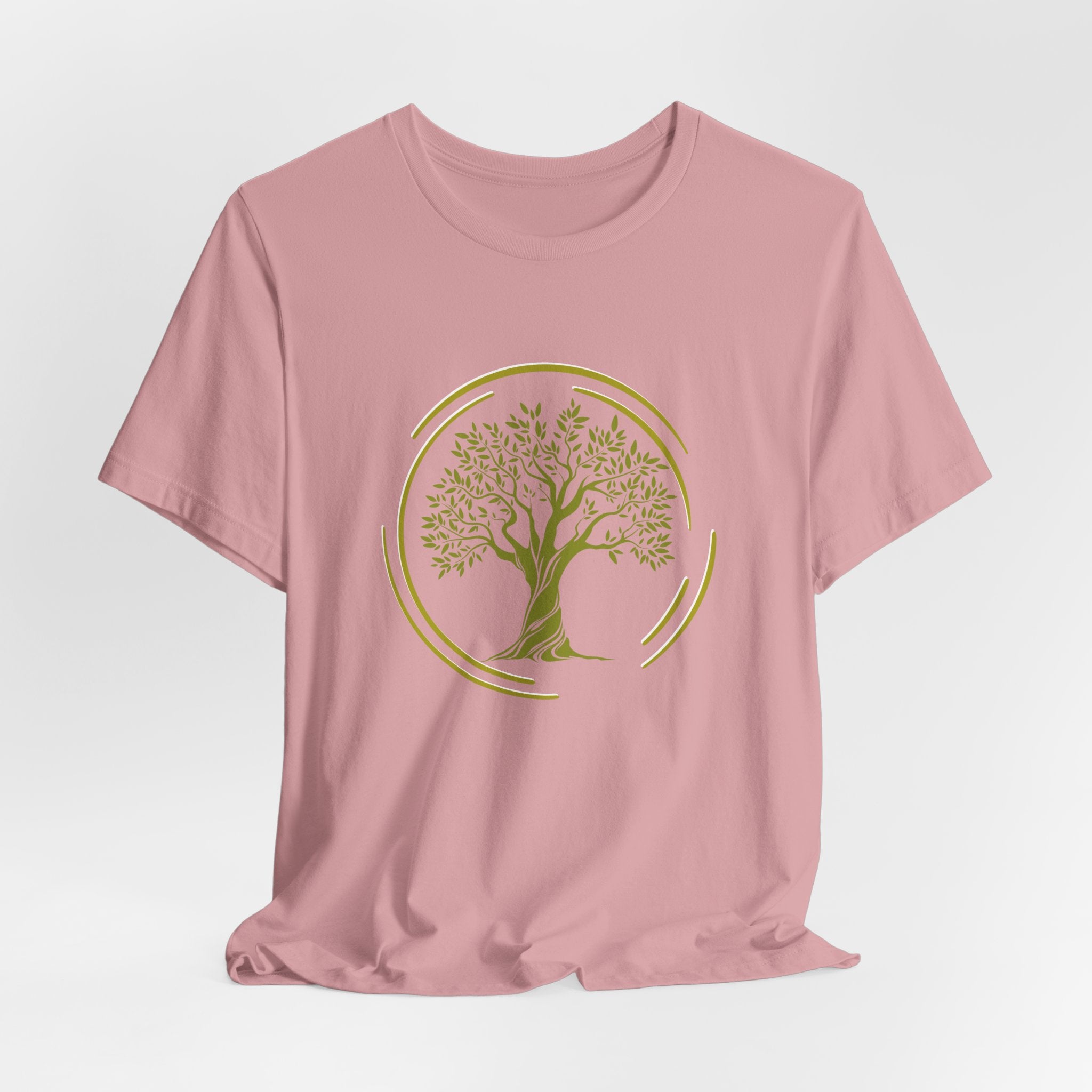 Pink t-shirt with a tree design on a white background