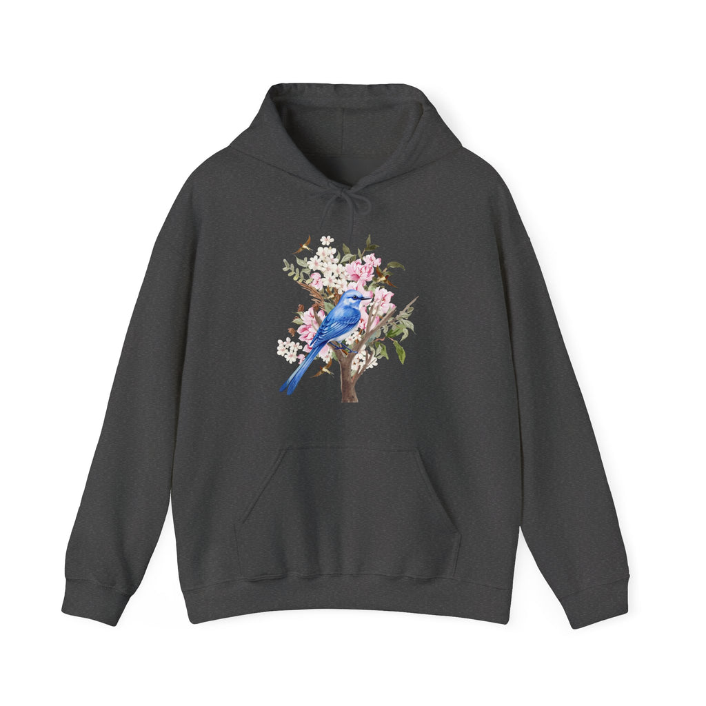 Dark gray hoodie with a blue bird and floral design on a white background