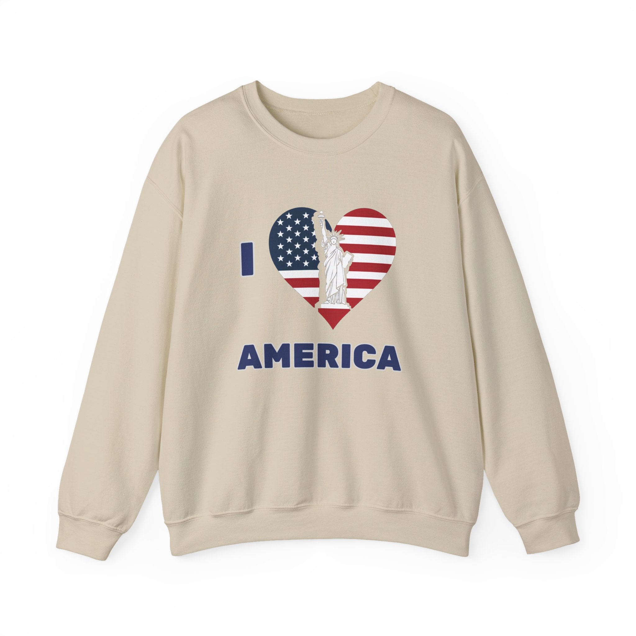 Beige sweatshirt with 'I ❤️ AMERICA' design featuring an American flag and Statue of Liberty on a white background.