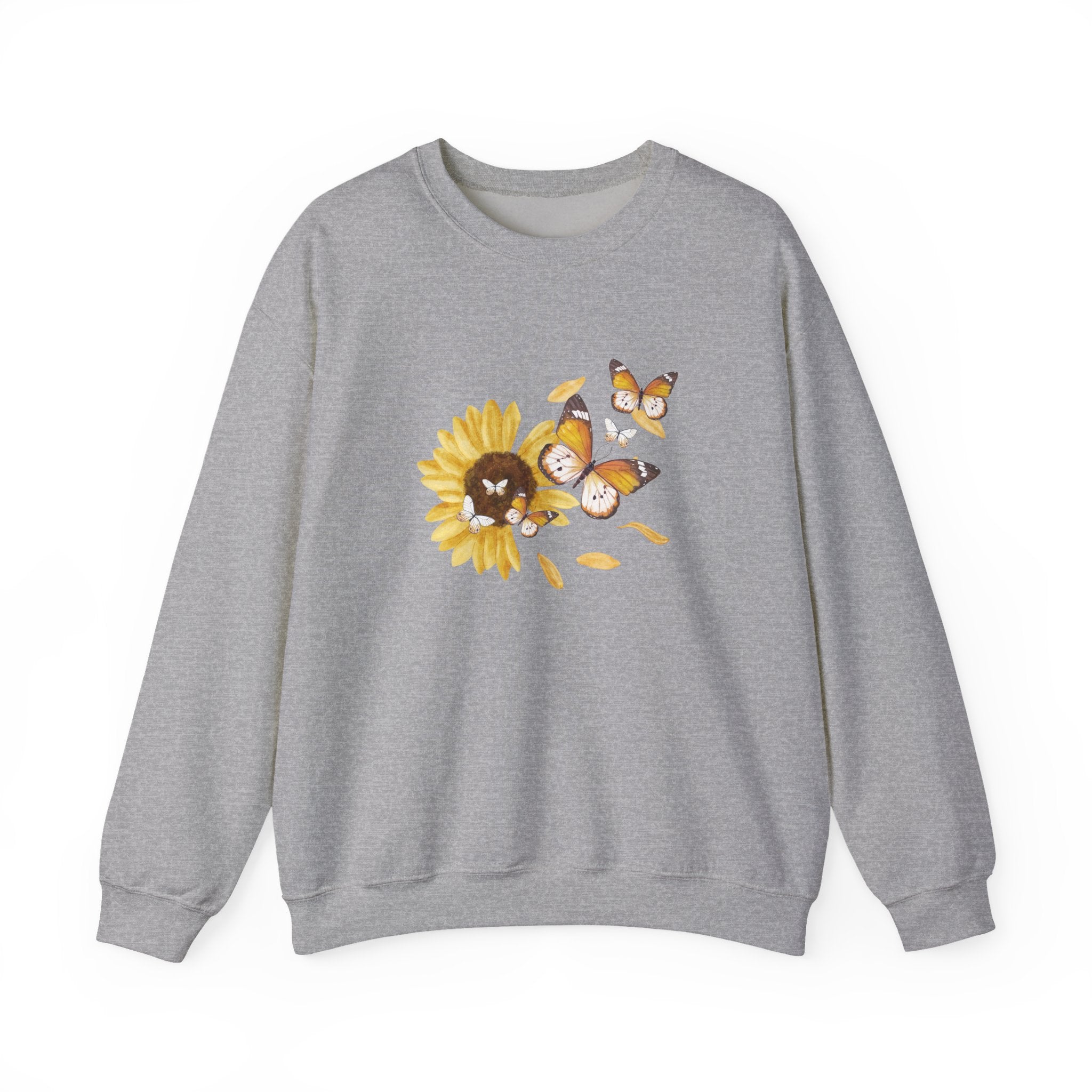 Gray sweatshirt with a sunflower and owl design on a white background