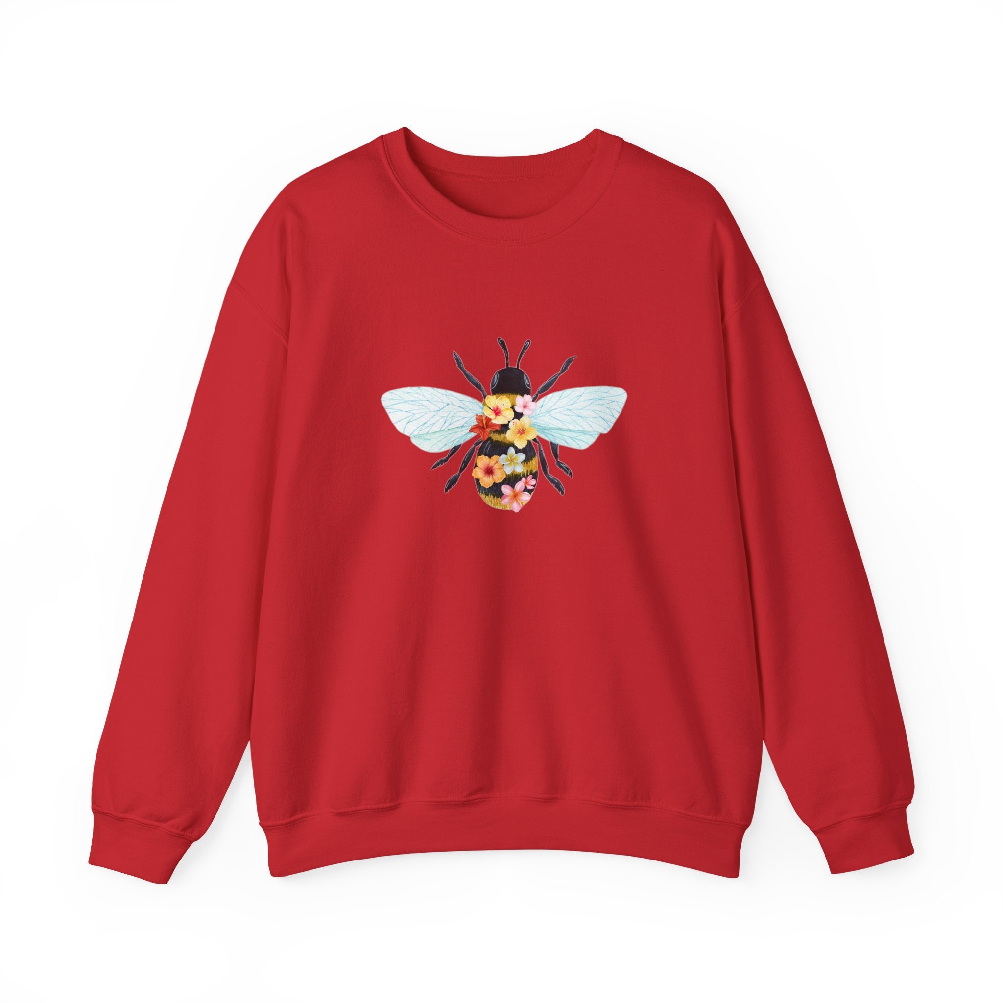 Red sweatshirt with bee and flower pattern on a white background