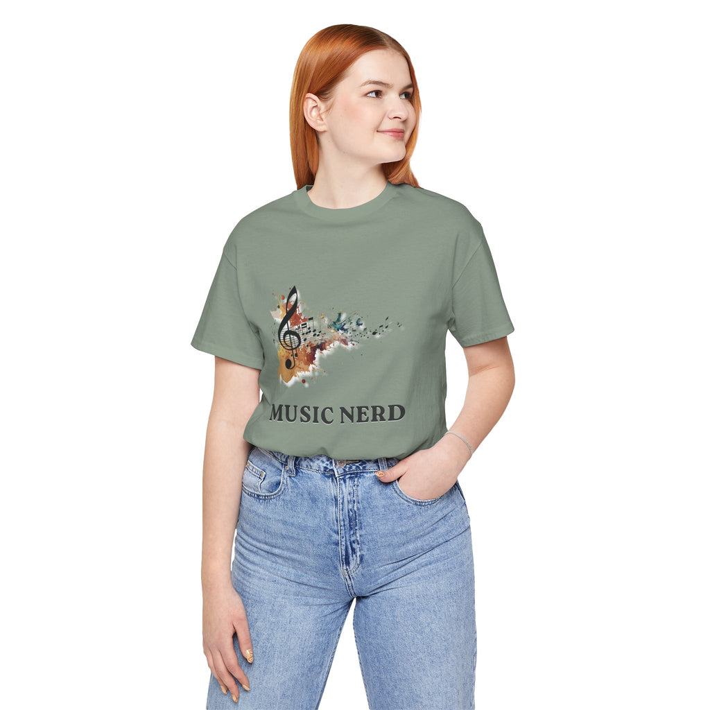 Person wearing a green t-shirt with a music-themed design and 'MUSIC NERD' text on a white background