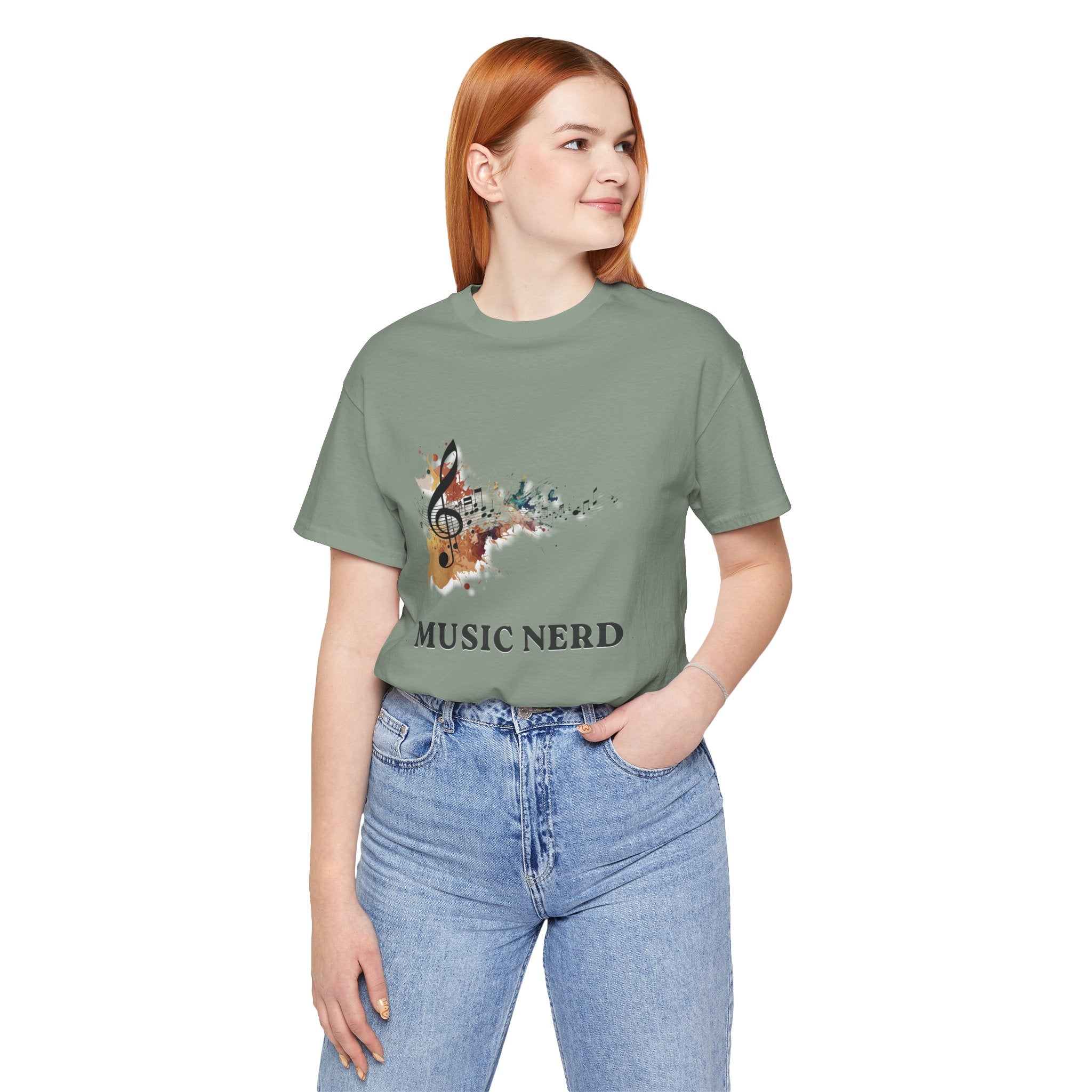 Person wearing a green t-shirt with a music-themed design and 'MUSIC NERD' text on a white background