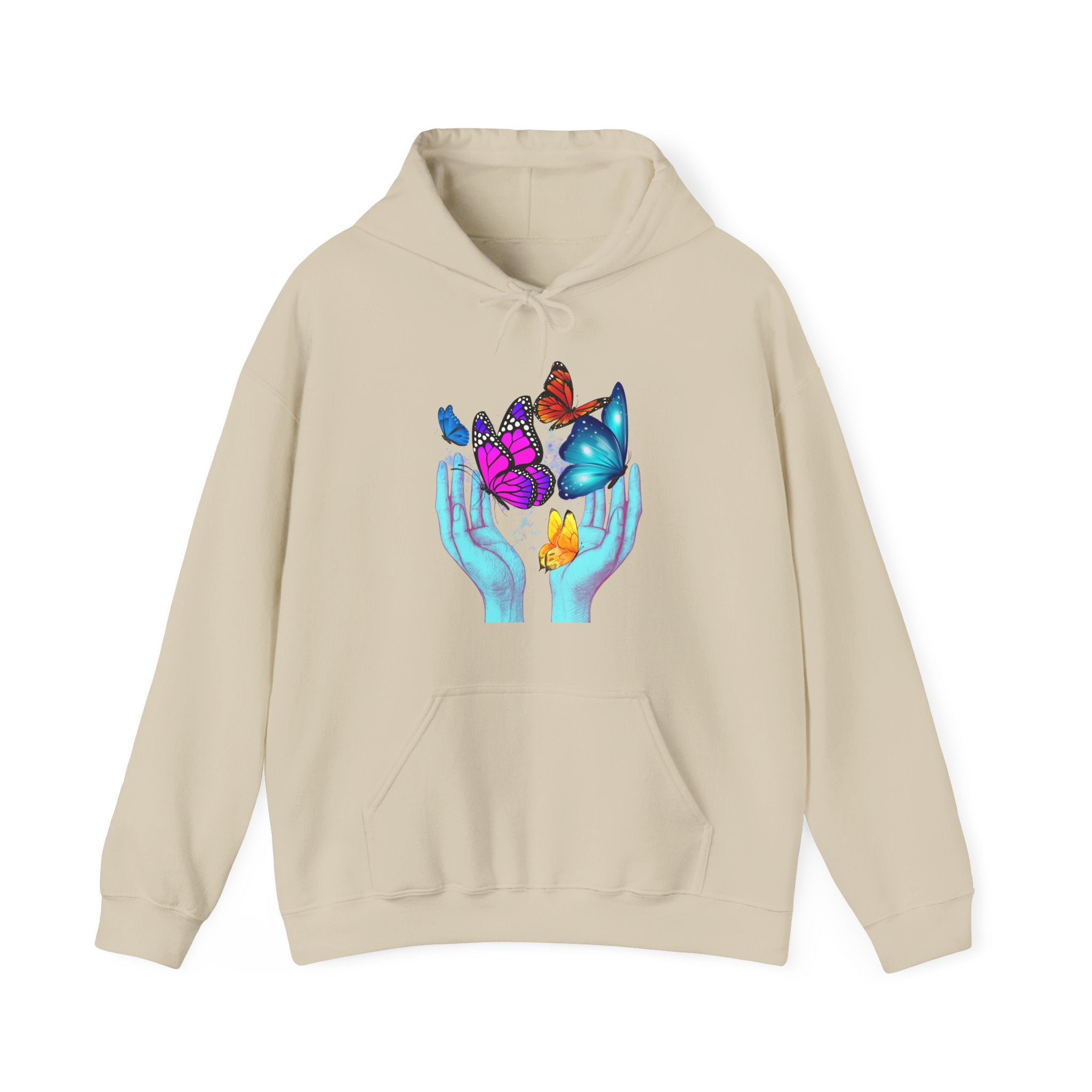 Beige hoodie with colorful butterfly design on a white background