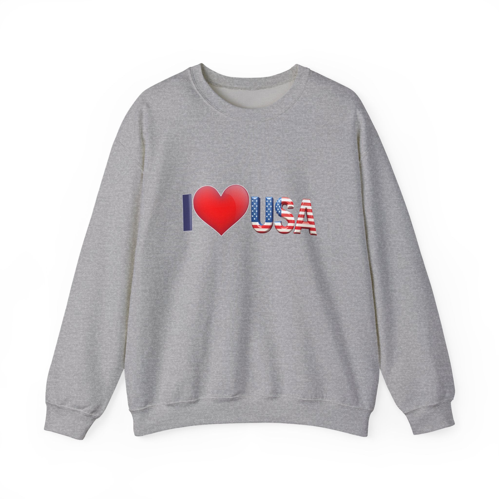Gray sweatshirt with 'I ❤️ USA' text on a white background