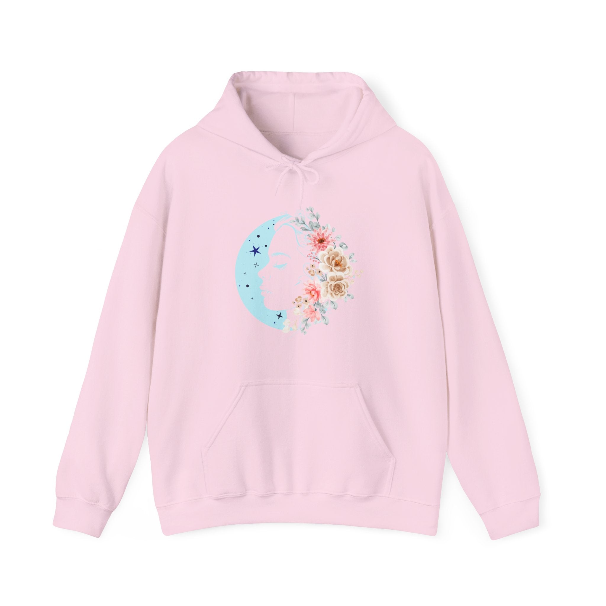 Pink hoodie with floral face moon design on a white background