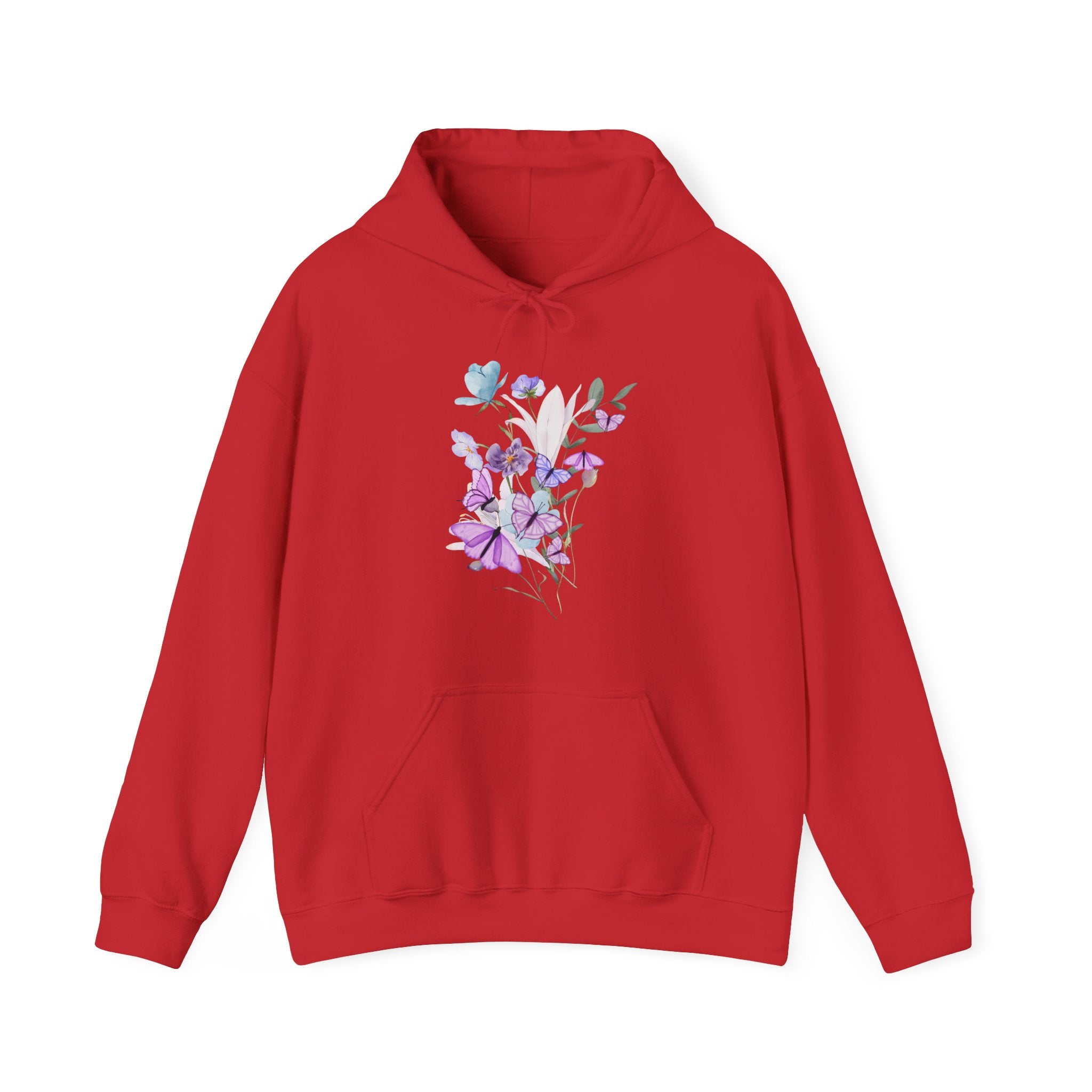Red hoodie with a graphic of flowers and butterflies on a white background