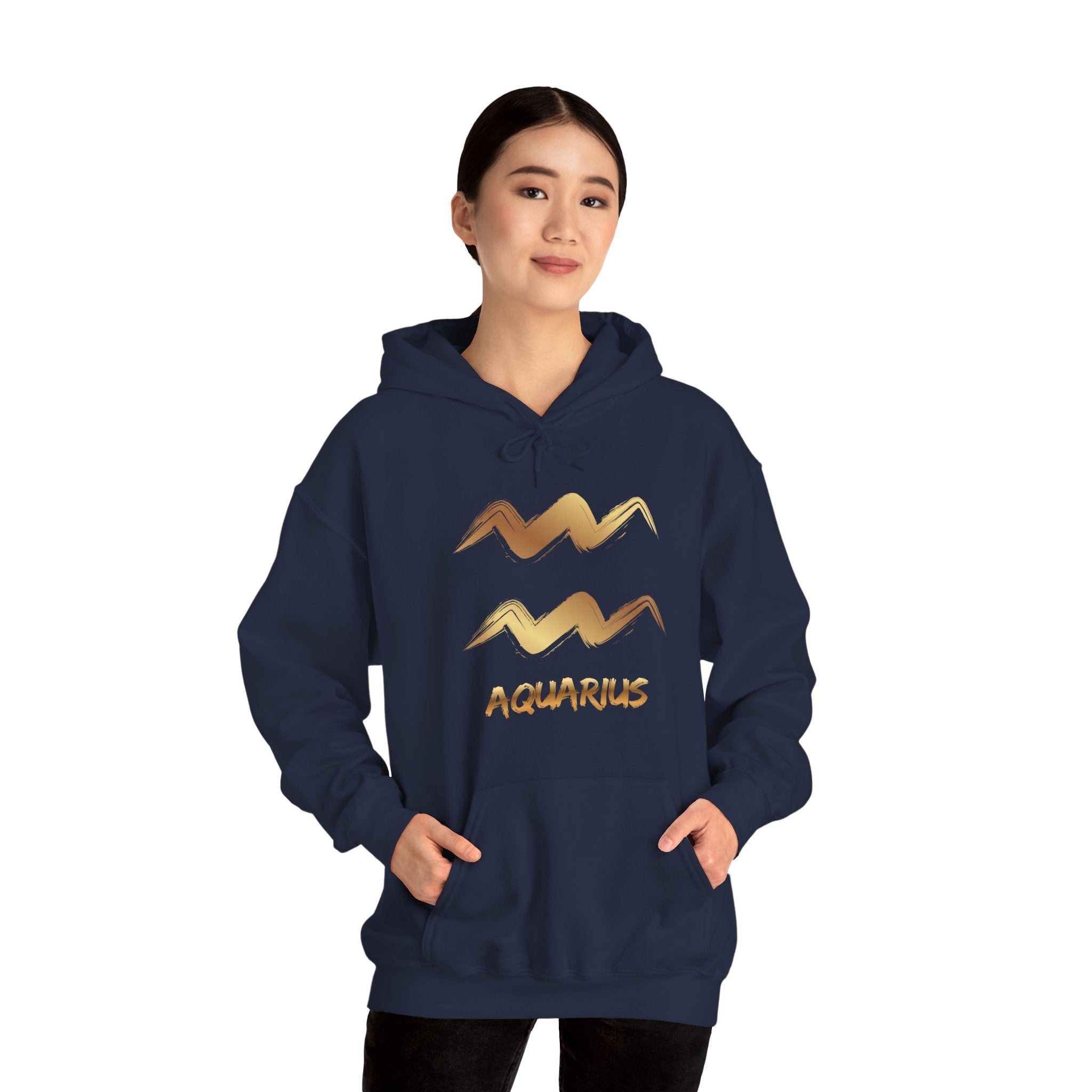 Person wearing a blue hoodie with a graphic design on a white background