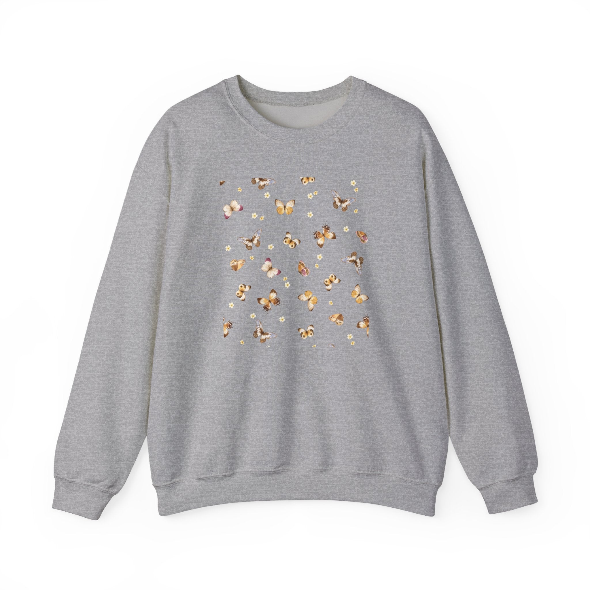 Gray sweatshirt with a butterfly and flower design on a white background