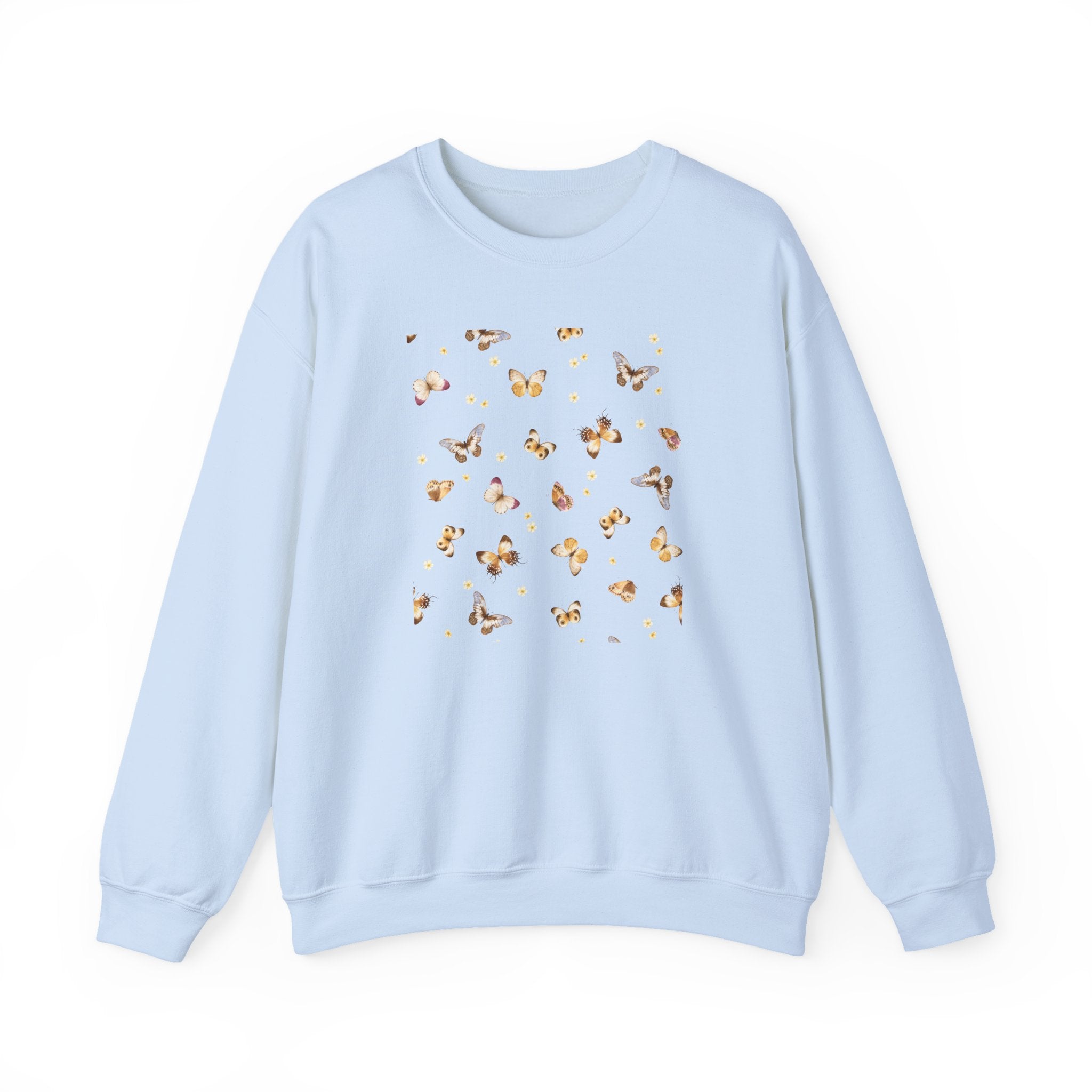 Light blue sweatshirt with a butterfly and flower design on a white background