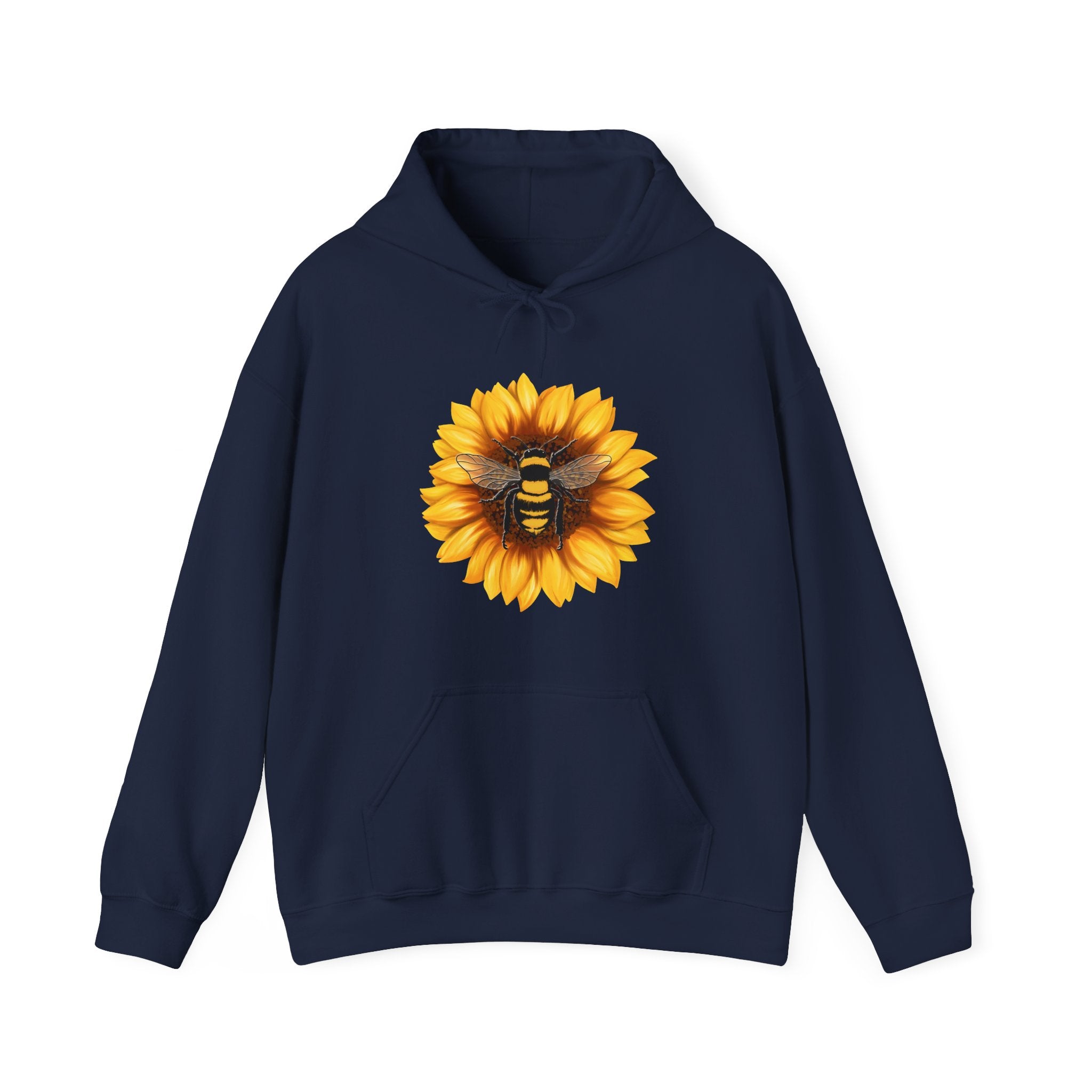 Navy blue hoodie with a sunflower and bee design on a white background