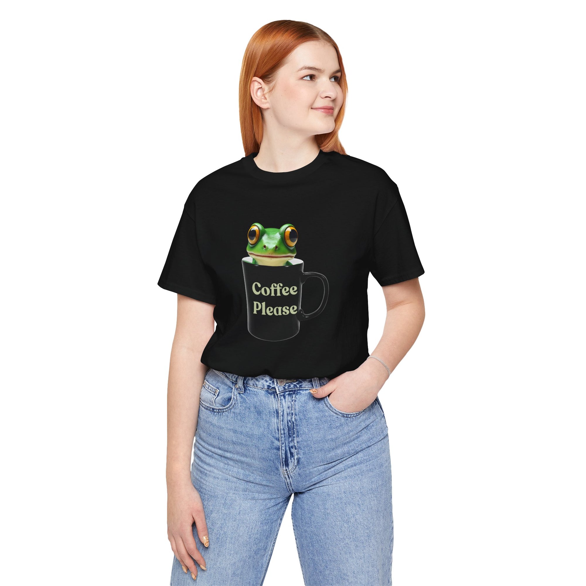 Cute Frog Inside Mug T-Shirt – "Coffee Please" Quote Graphic Tee for Coffee Lovers, Funny Frog with Mug Shirt, Gift for Caffeine Addicts