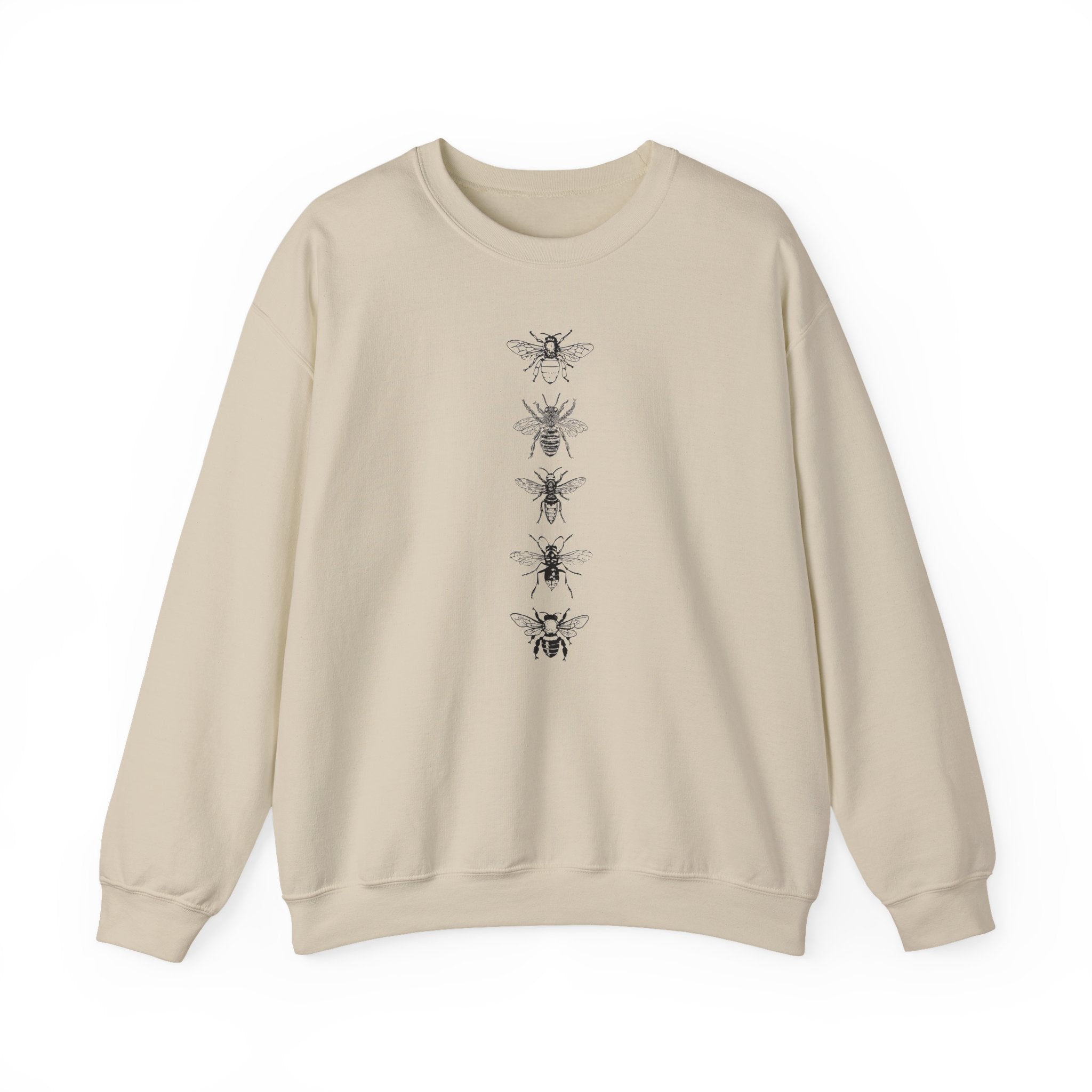 Beige sweatshirt with black bee illustrations on a white background