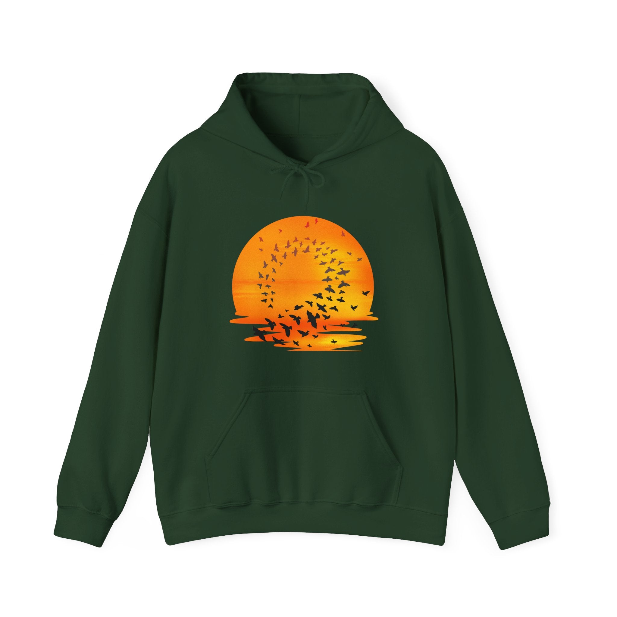 Green hoodie with a sunset and bird design on a white background