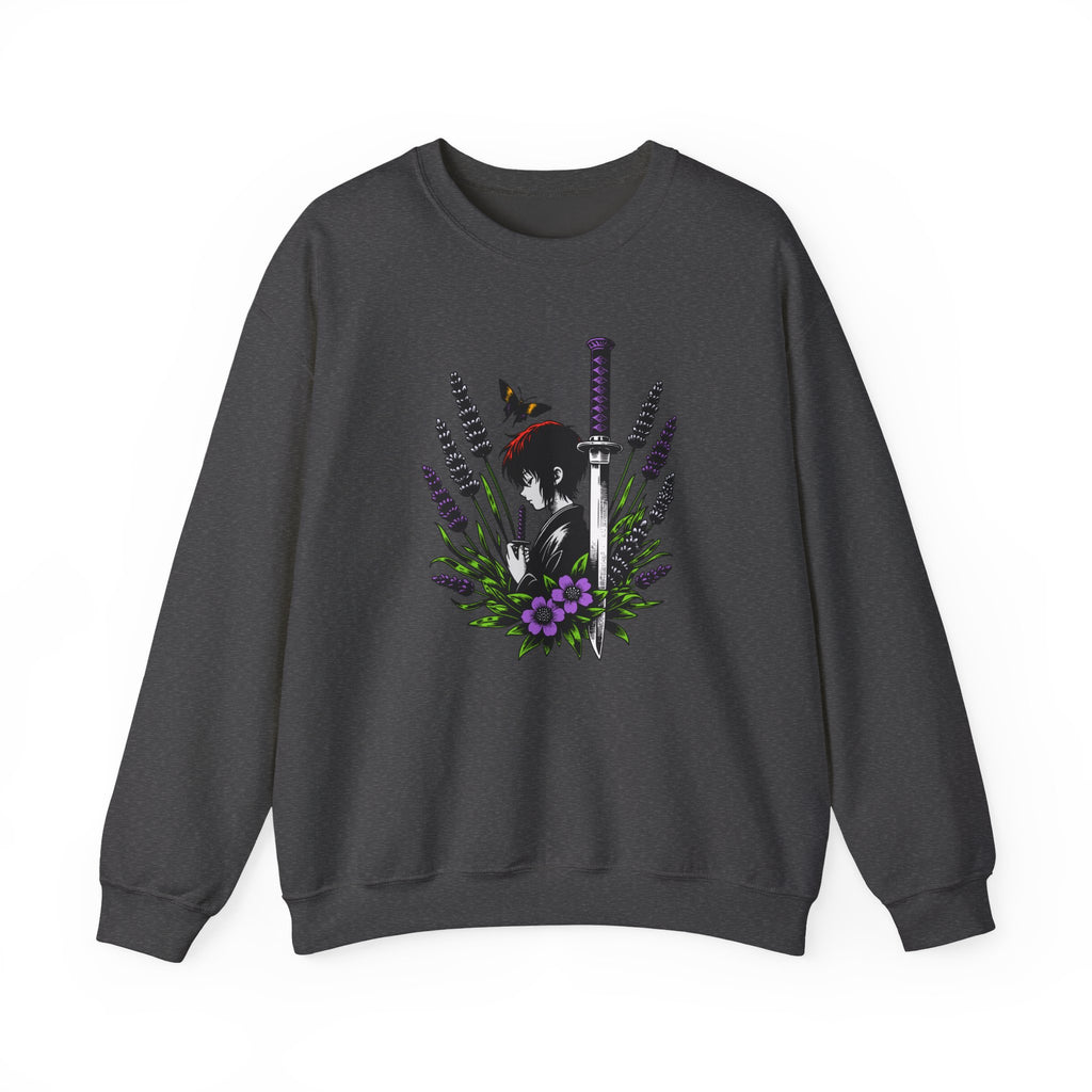 Dark gray sweatshirt with a manga, butterfly, and sword design on a white background