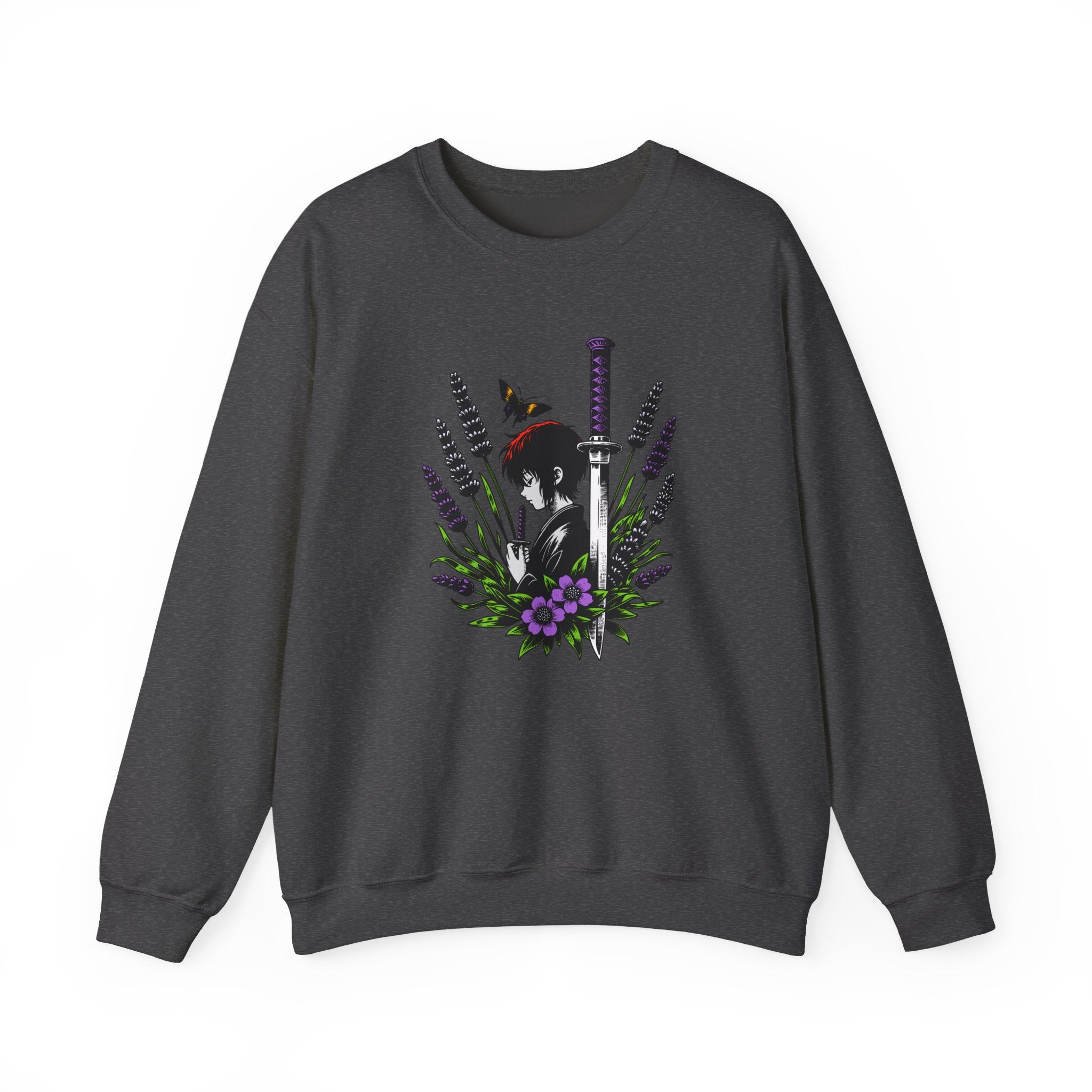 Dark gray sweatshirt with a manga, butterfly, and sword design on a white background